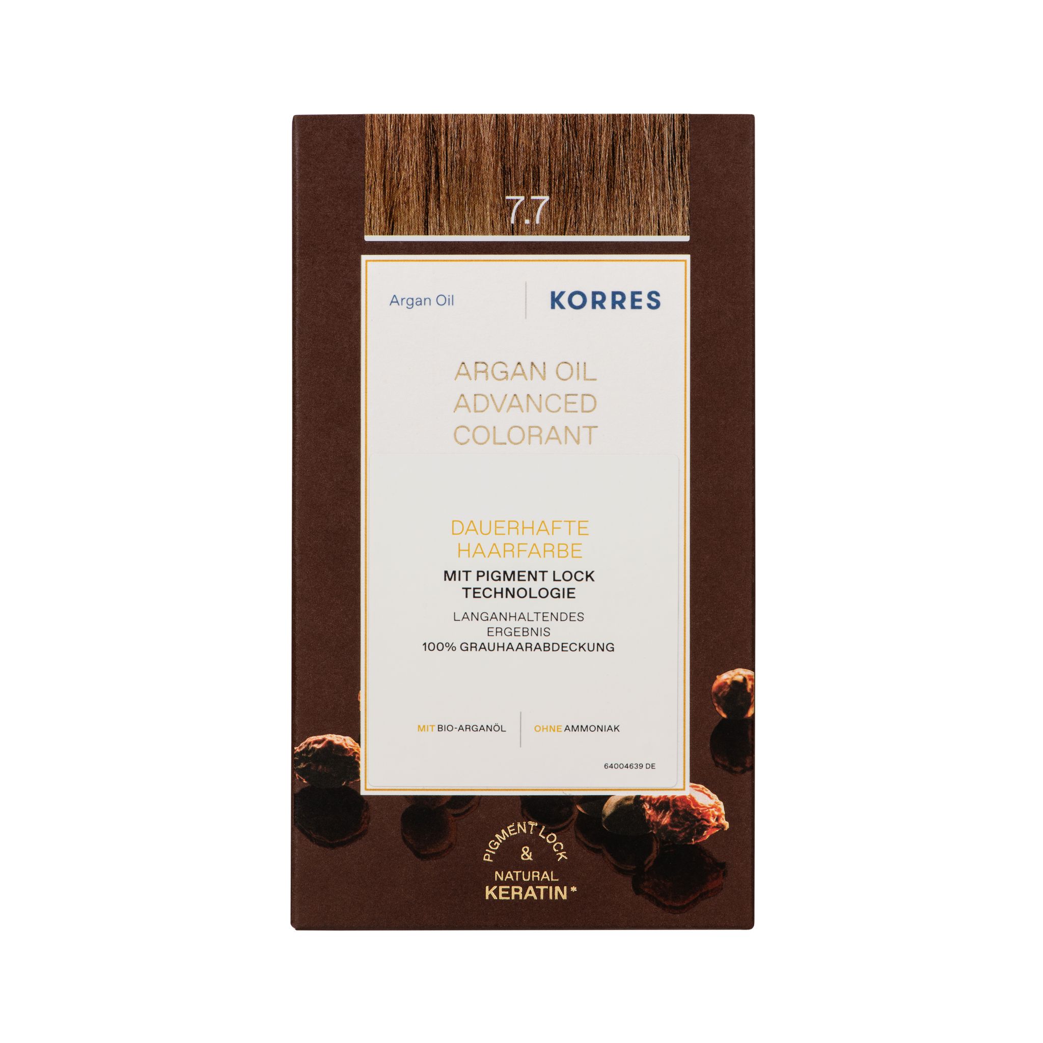 KORRES Arganöl Haarcoloration Mocha 7.7. Braune Verpackung mit Produktinformationen und Haarfärbemittel-Abbildung.