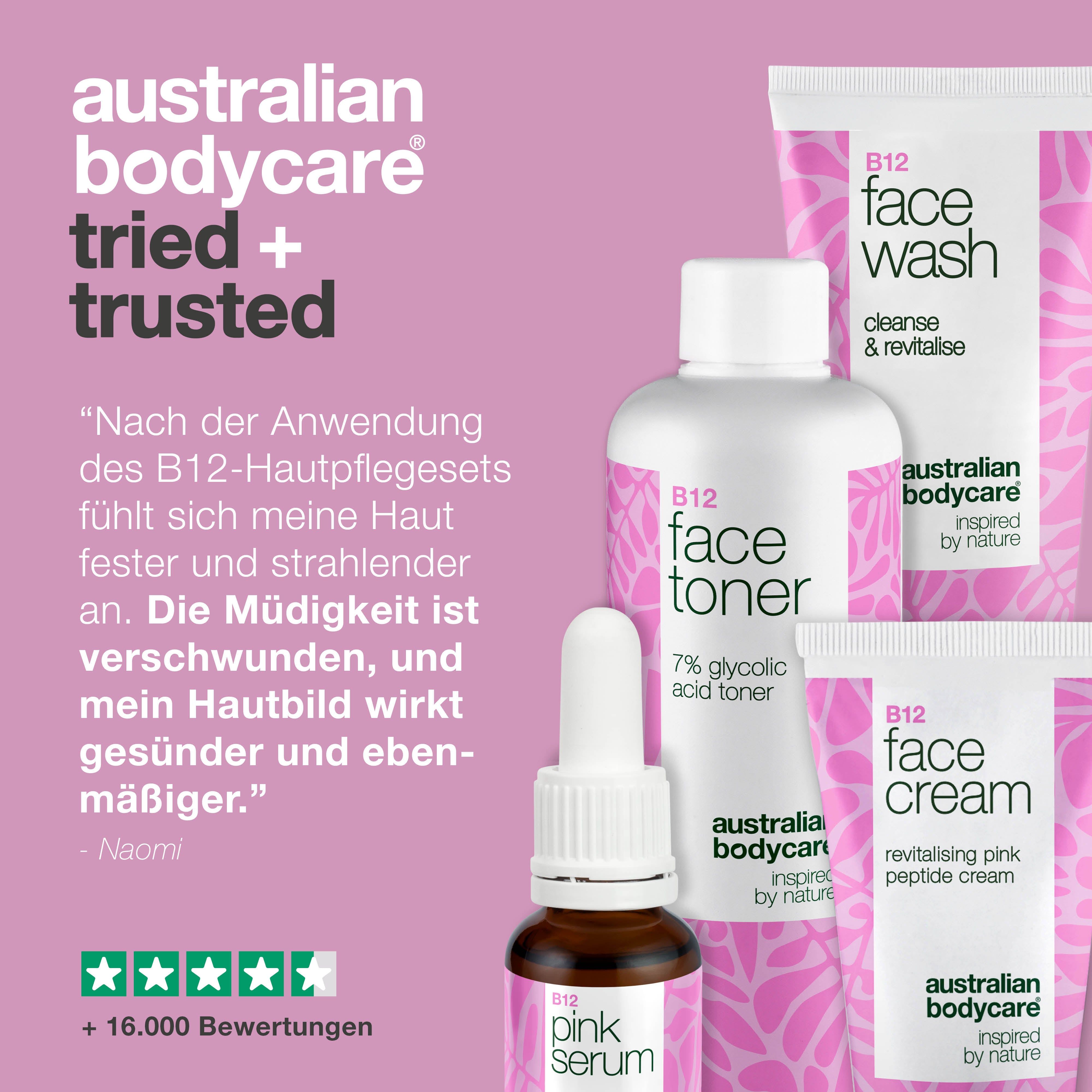 Kosmetikprodukte auf rosa Hintergrund. Text: Australian Bodycare tried + trusted. Fünf Sterne Bewertung.
