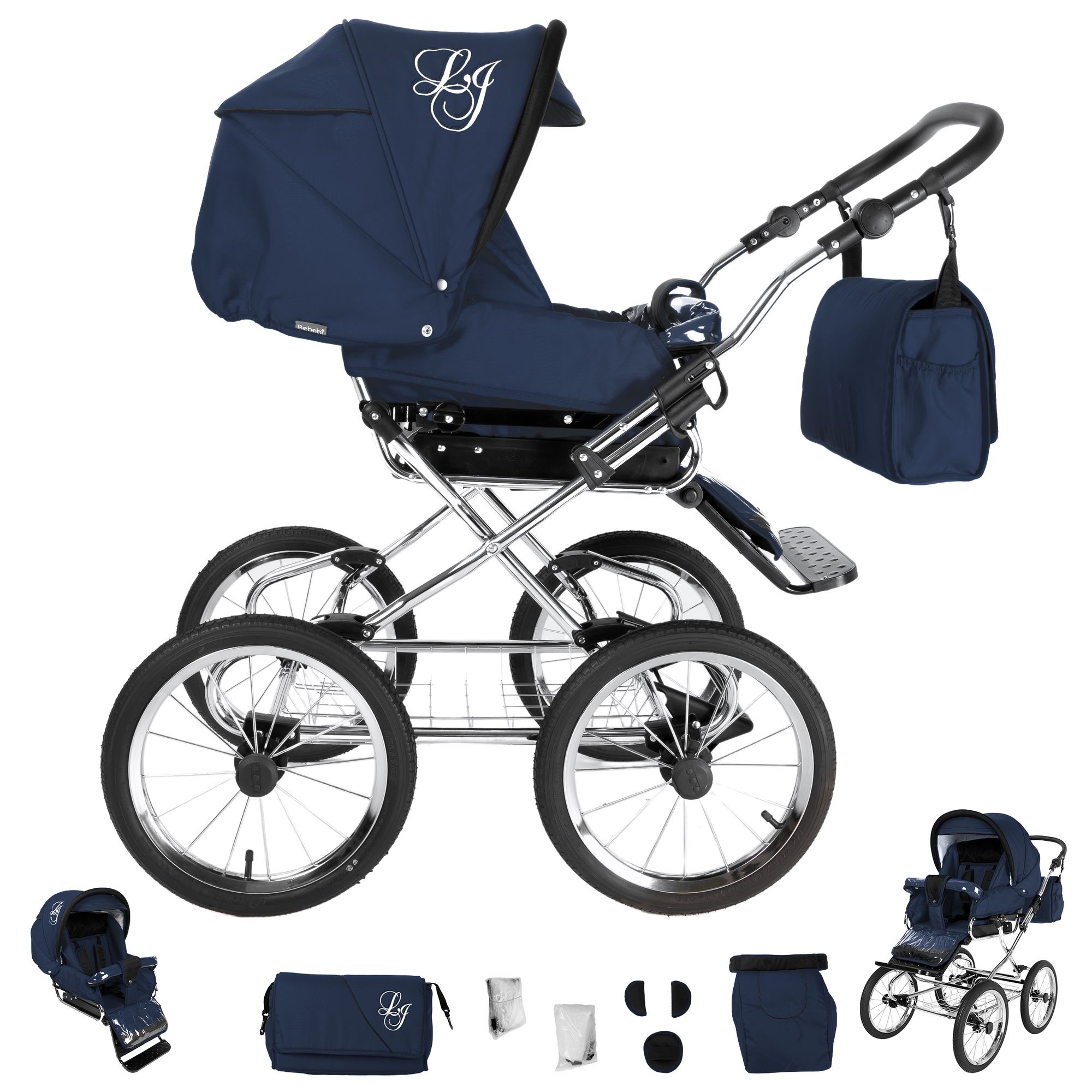 Blauer Kinderwagen mit silbernem Gestell. Logo 'LG' auf der Haube und Tasche. Zubehör: Tasche, Abdeckungen. Mehrere Ansichten.