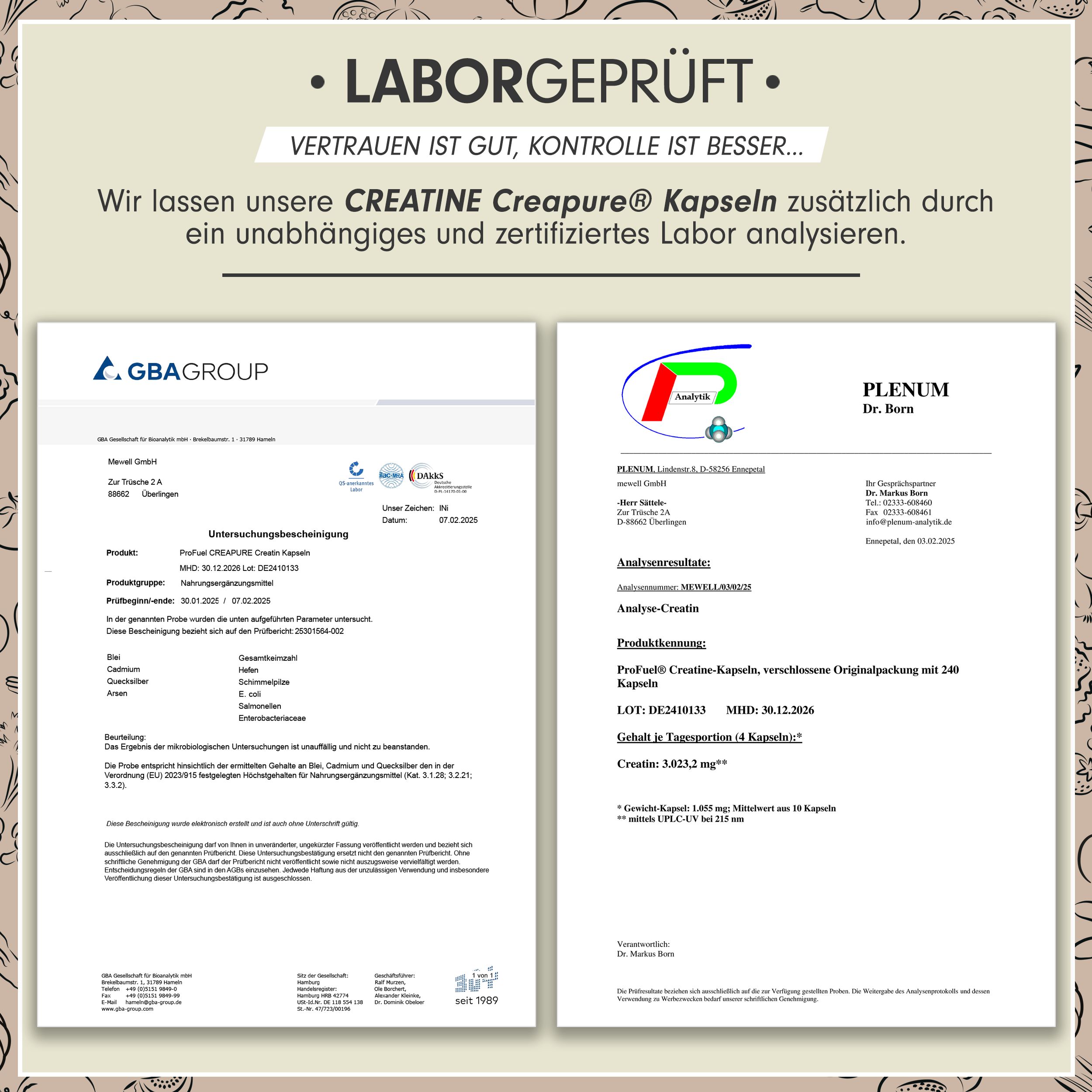 Zwei Laborzertifikate. CREATINE Creapure® Kapseln. Zertifizierte Analyse.