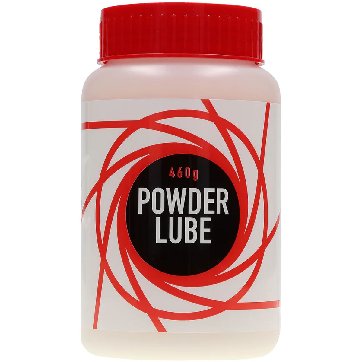 Behälter mit rotem Deckel. Aufschrift "POWDER LUBE" und "460g". Rote, geschwungene Linien auf weißem Hintergrund.