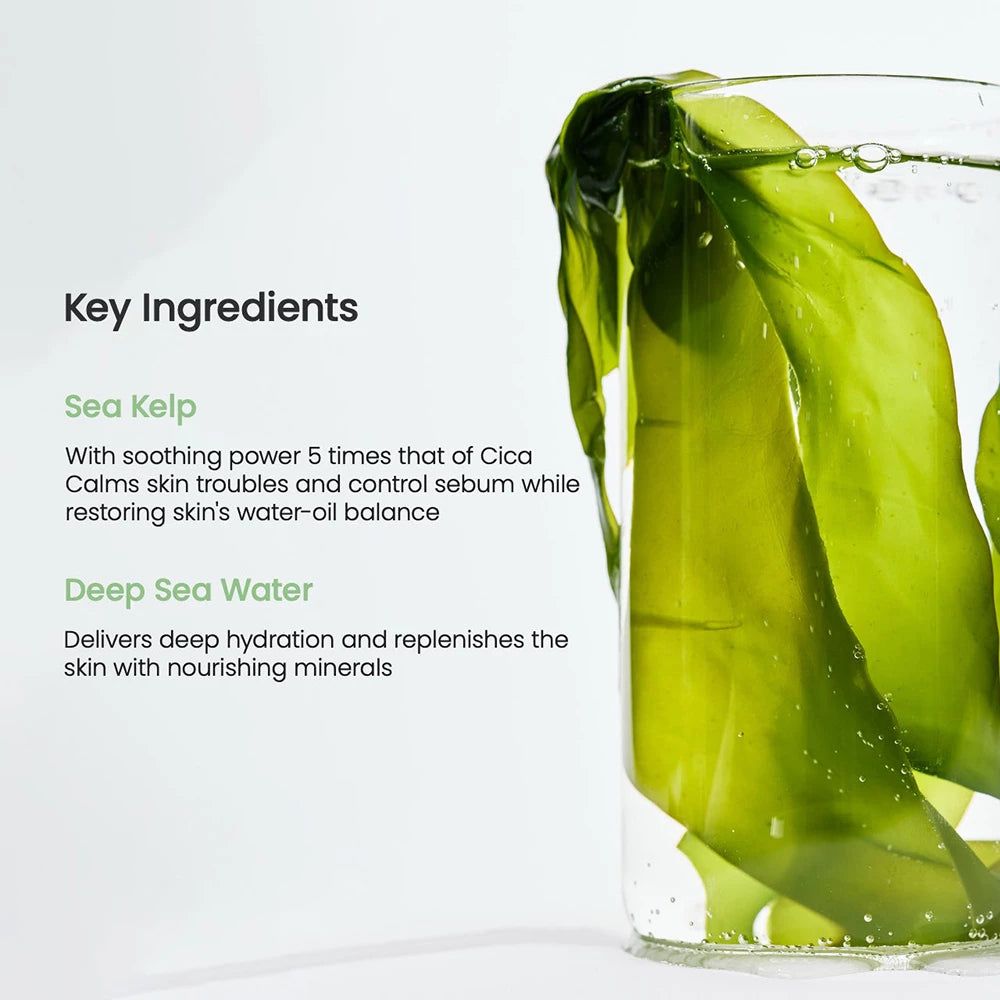 Glas mit Seetang und Tiefseewasser. Text: Key Ingredients. Beschreibungen von Sea Kelp und Deep Sea Water.