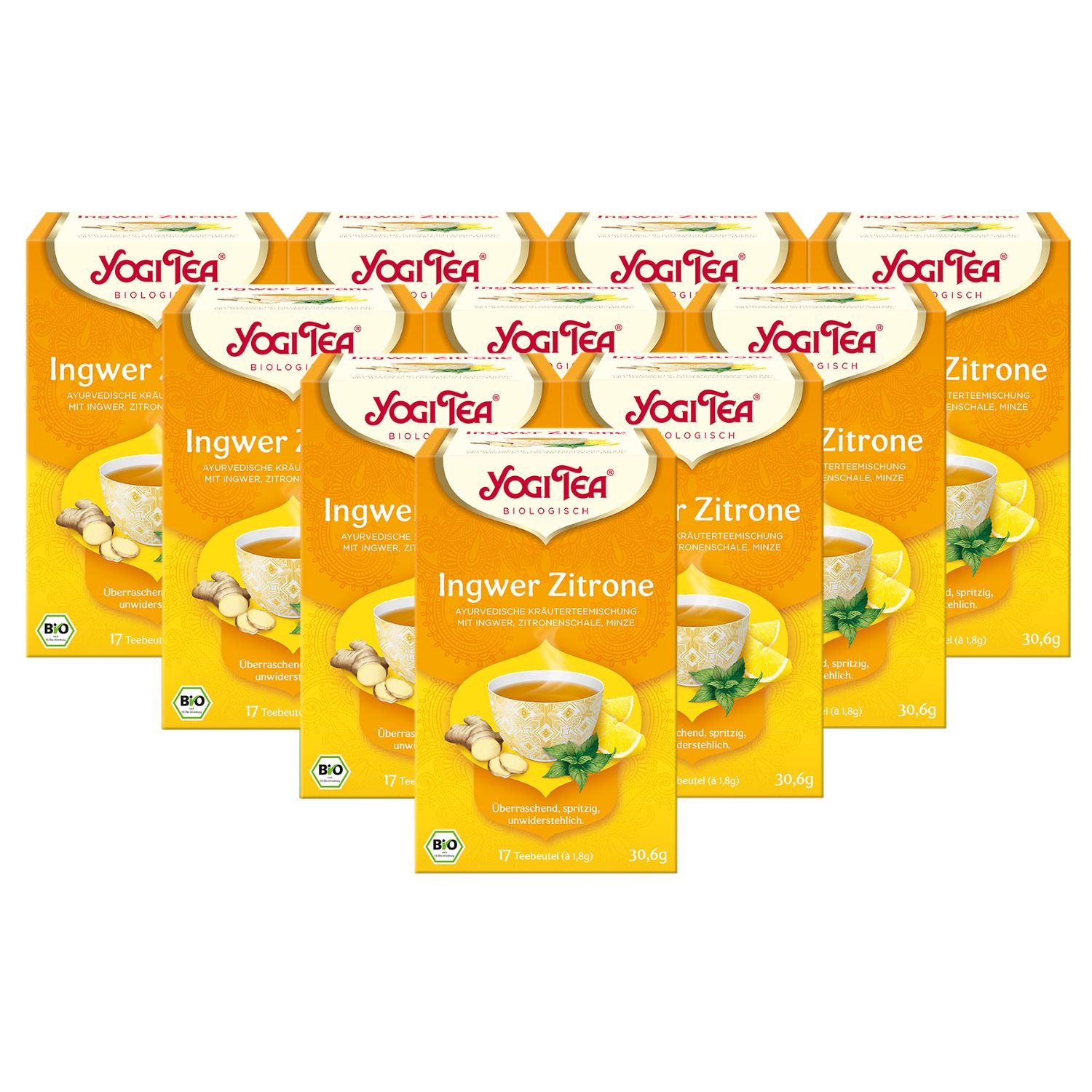 Mehrere Packungen Ingwer Zitrone Tee. Gelbe Verpackung mit Logo und Produktbezeichnung. Bio-Siegel.