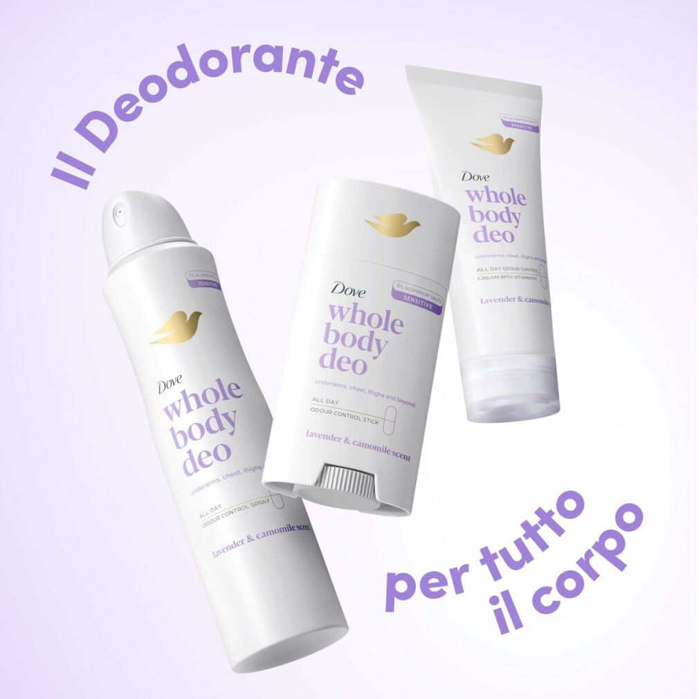 Drei Dove whole body deo Produkte: Spray, Stick und Creme. Aufschrift: Lavendel & Kamille.