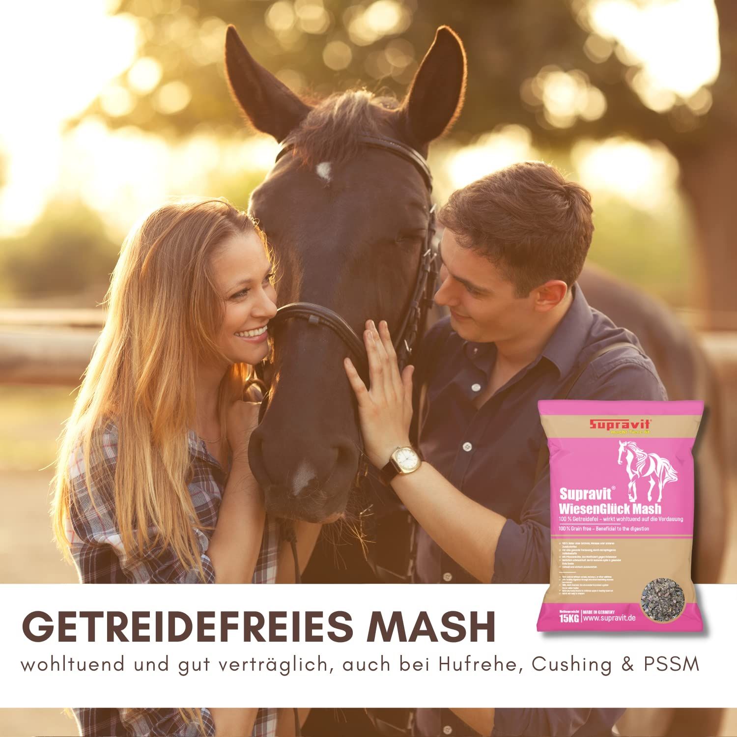 Paar mit Pferd, Produktverpackung von Supravit WiesenGlück Mash.