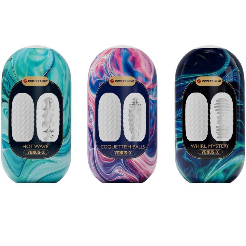 Drei Produkte mit unterschiedlichen Designs. Auf jedem steht "Pretty Love" und "Venus-X". Die Designs sind "Hot Wave", "Coquettish Balls" und "Whirl Mystery".