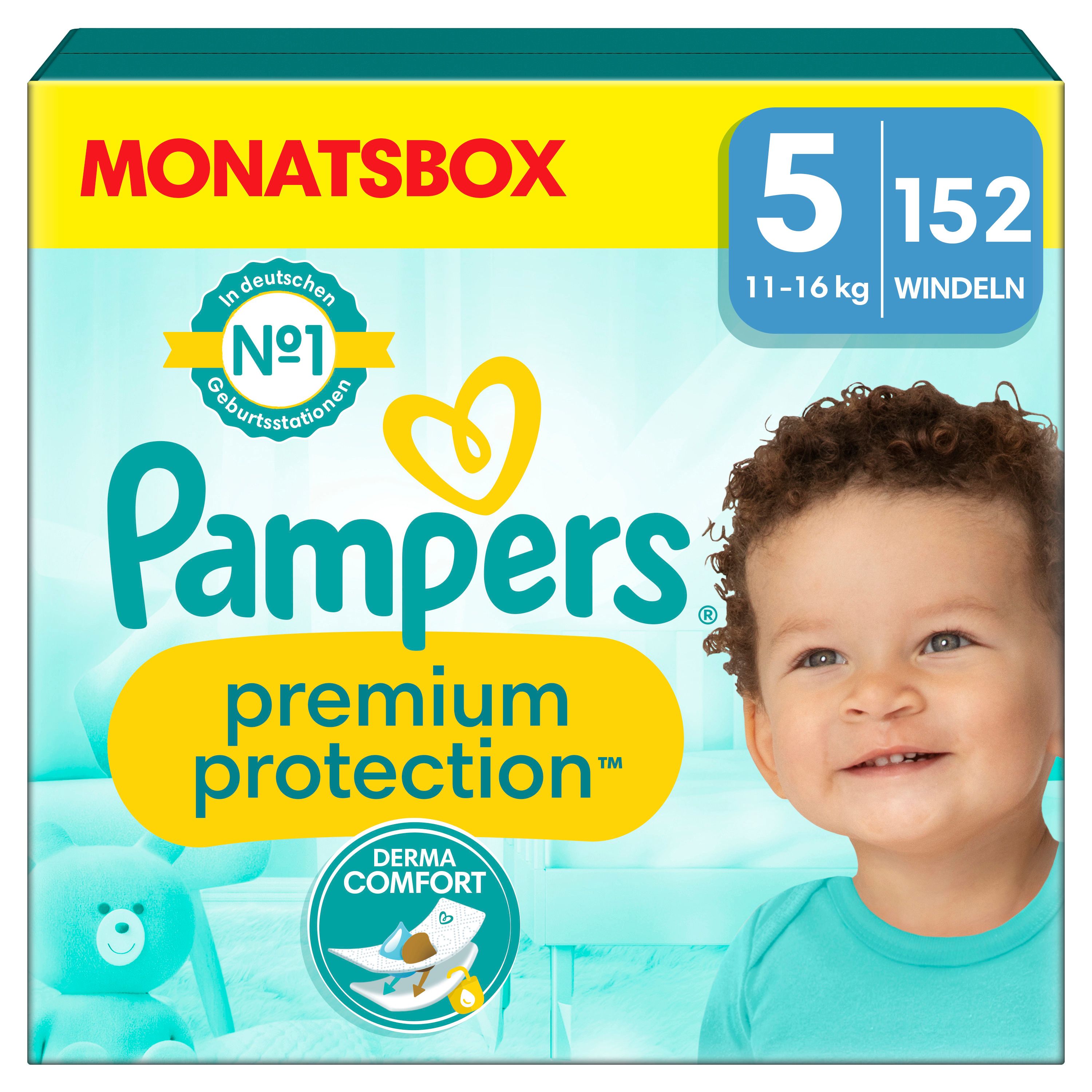 Pampers Windeln Premium Protection Gr.5, 152 Stück. Verpackung mit Baby-Illustration und Produktinformationen.