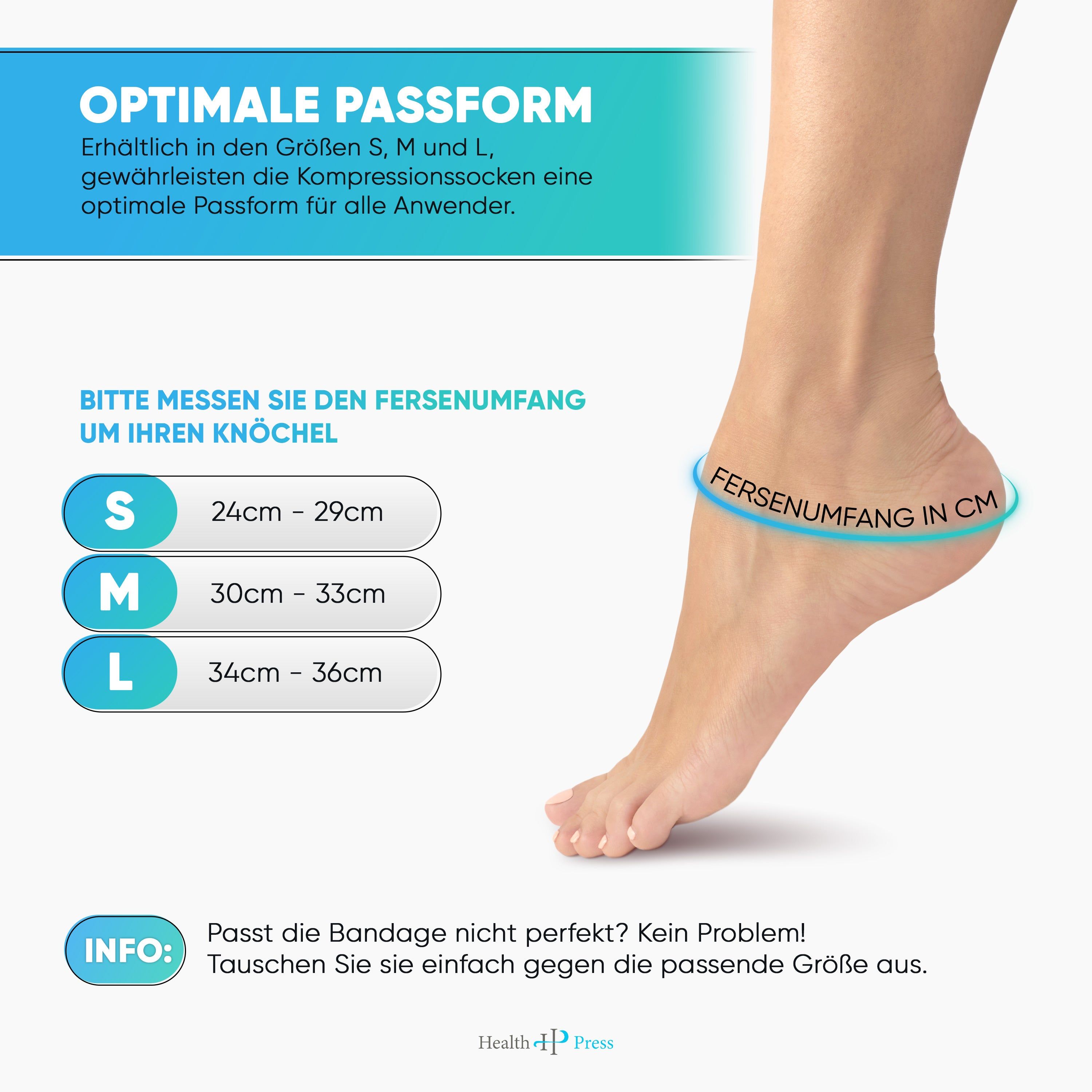 Fuß mit Sprunggelenkbandage. Text: Optimale Passform in S, M, L. Messen Sie den Fersenumfang. Info: Größenumtausch möglich.