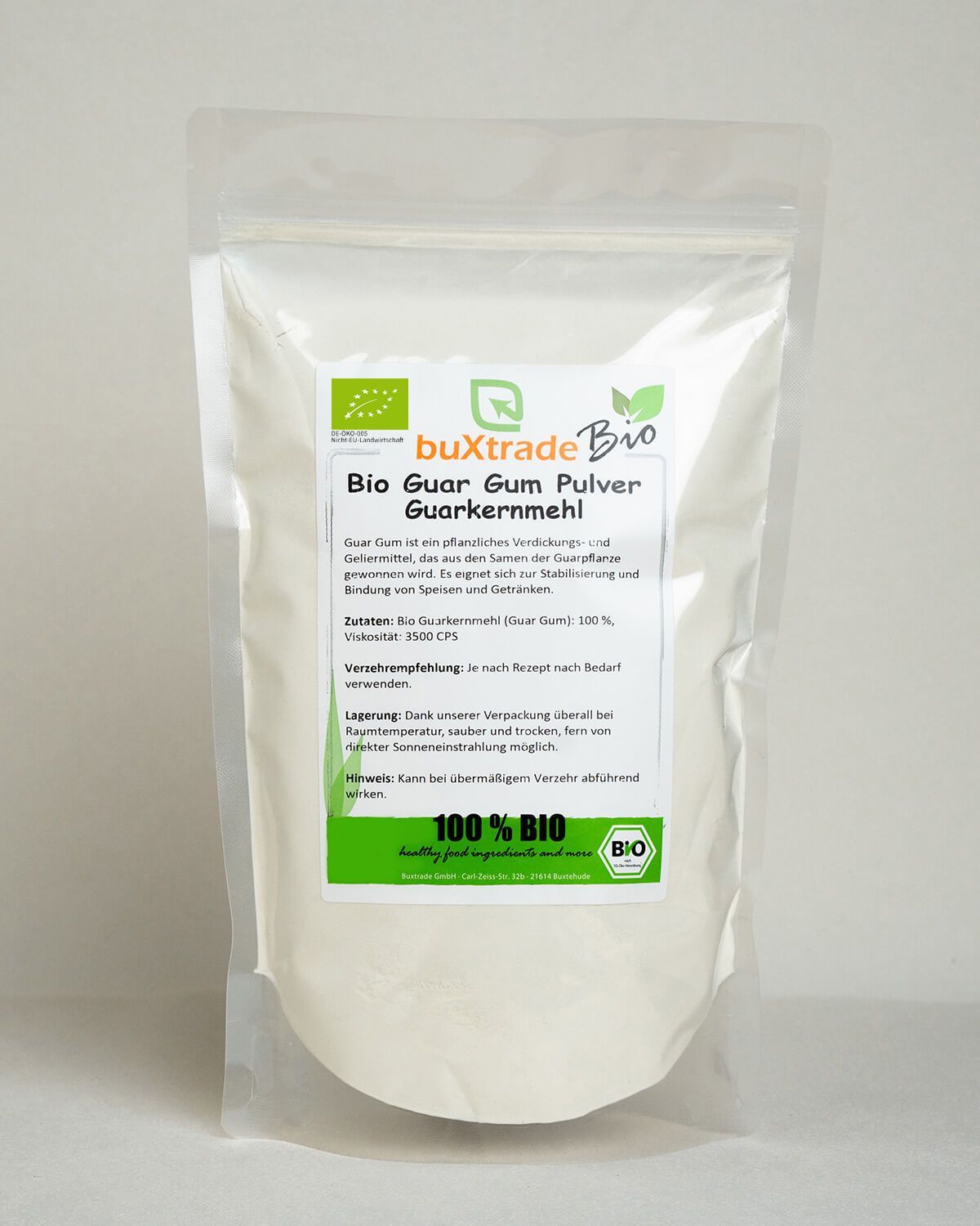 Verpackung von buXtrade Bio Guar Gum Pulver Guarkernmehl.