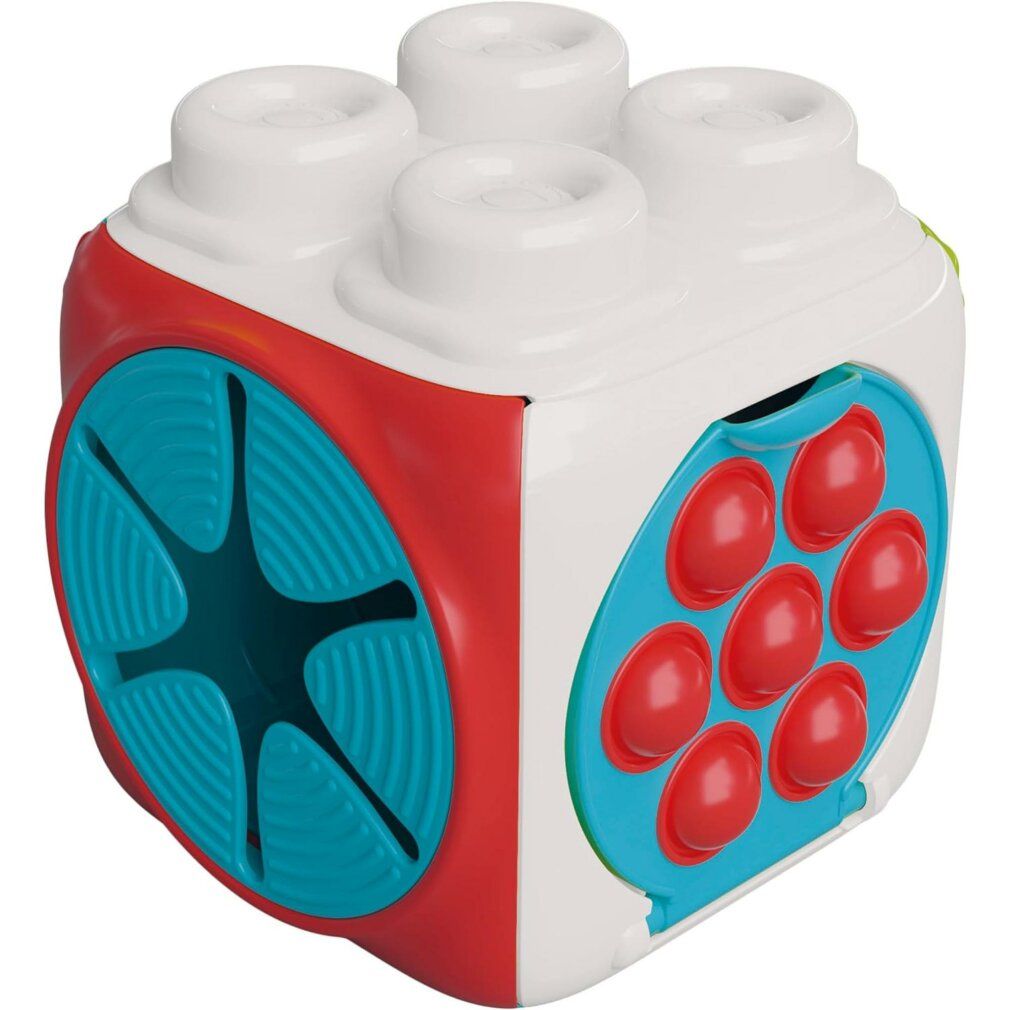 Würfelspielzeug mit roten, weißen, blauen und grünen Elementen. Eine Seite hat rote Knöpfe, eine andere ein blaues Muster.