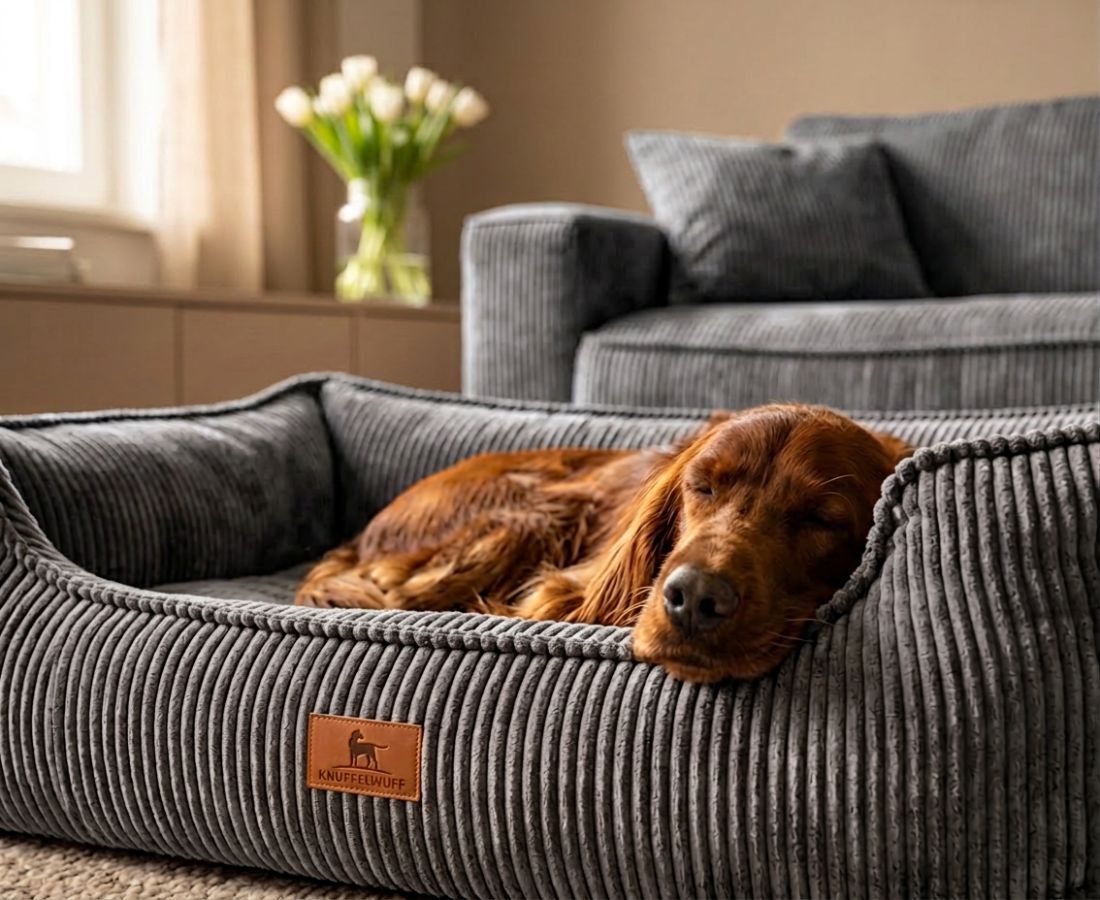 Ein Hund schläft in einem grauen Hundebett aus Cord.