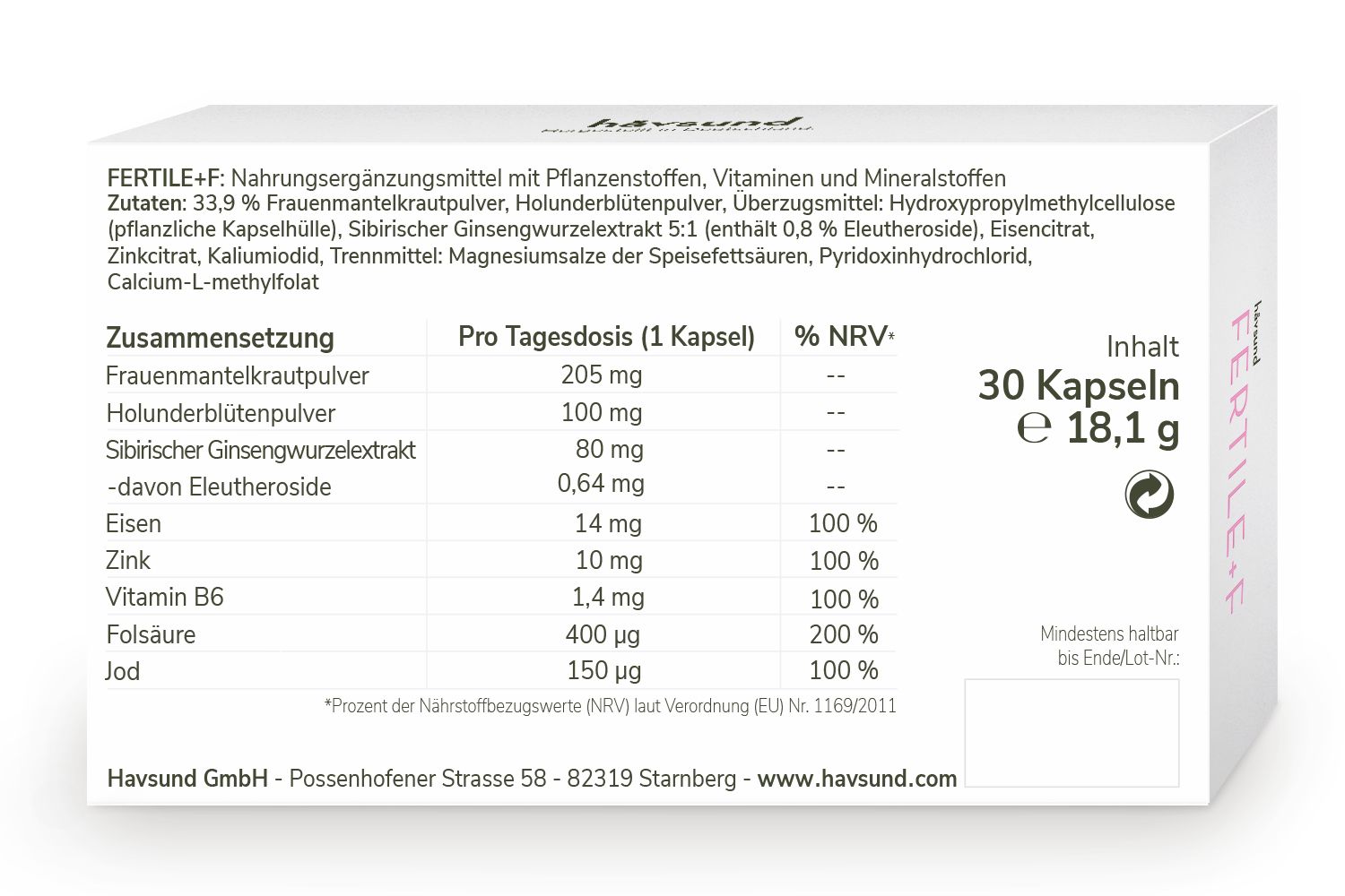 Weiße Schachtel, Rückseite. Text: Zusammensetzung, Pro Tagesdosis, % NRV. Inhaltsstoffe. Aufschrift: 30 Kapseln, 18,1 g.