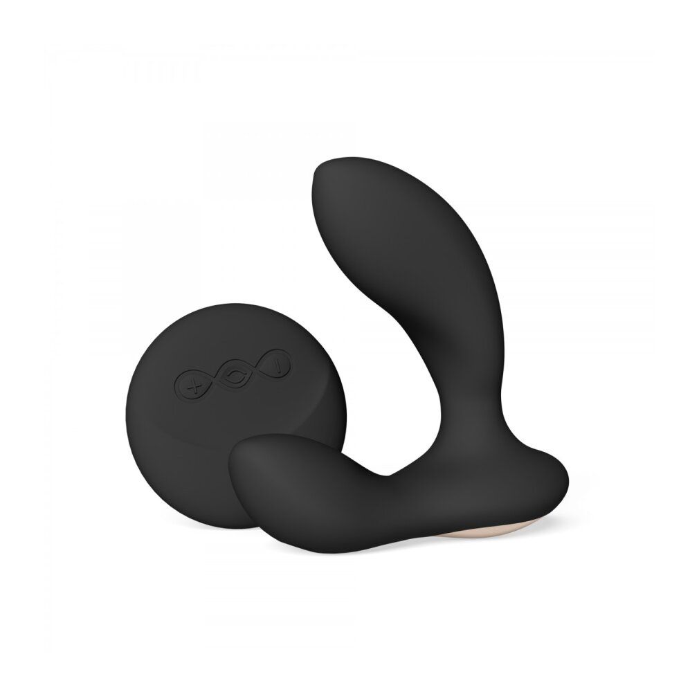 Schwarzes Wellness-Produkt mit rundem Teil und geschwungenem Teil. LELO-Logo.