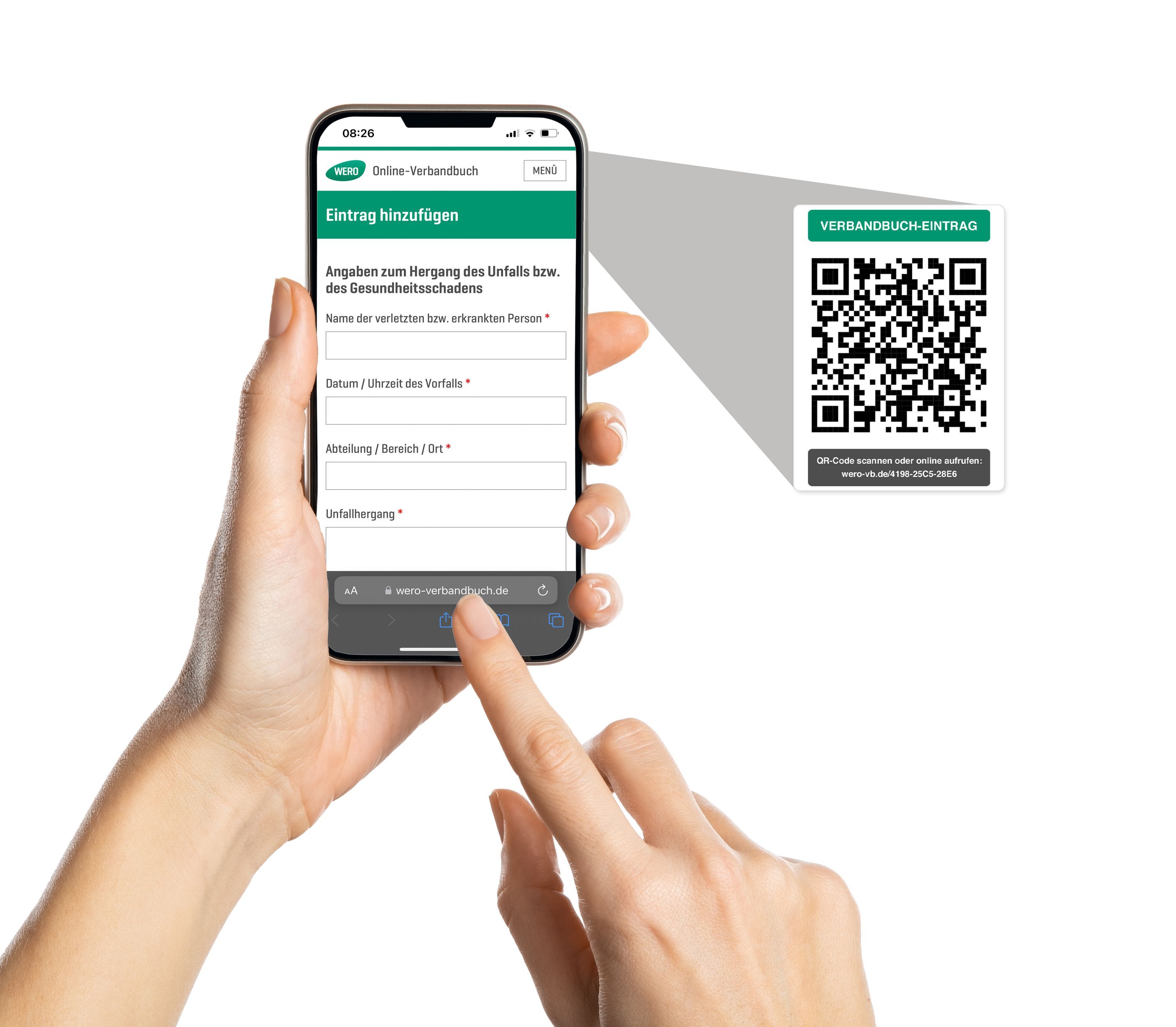 Smartphone mit Online-Verbandbuch-App. QR-Code-Aufkleber mit Text: Verbandbuch-Eintrag. Hände halten das Telefon.