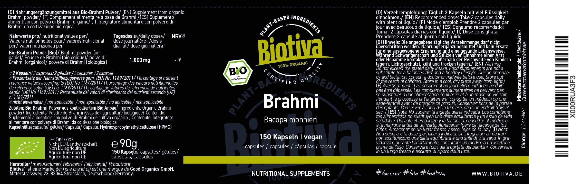 Schwarzes Etikett mit Produktinformationen. Marke, Produktname, Inhaltsstoffe und Bio-Siegel sind sichtbar.