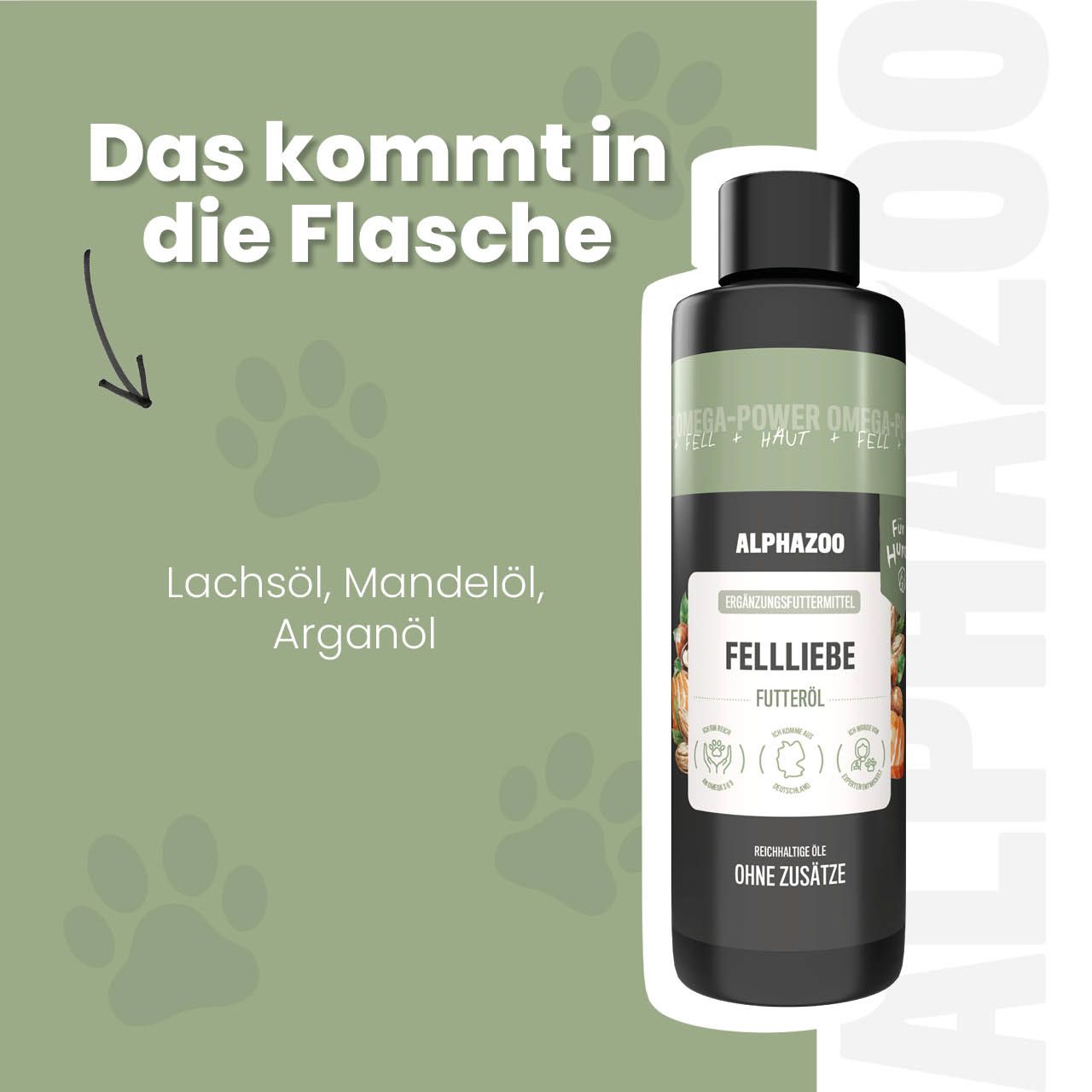 Flasche mit Etikett. Text: Das kommt in die Flasche. Pfeil. Text: Lachsöl, Mandelöl, Arganöl. Pfoten-Illustrationen.