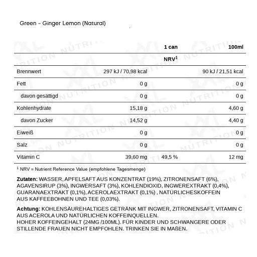 Nährwerttabelle für XXL Nutrition Energize Green - Ginger Lemon (Natural). Angaben pro Dose und pro 100ml. Enthält Nährwerte und Zutaten.