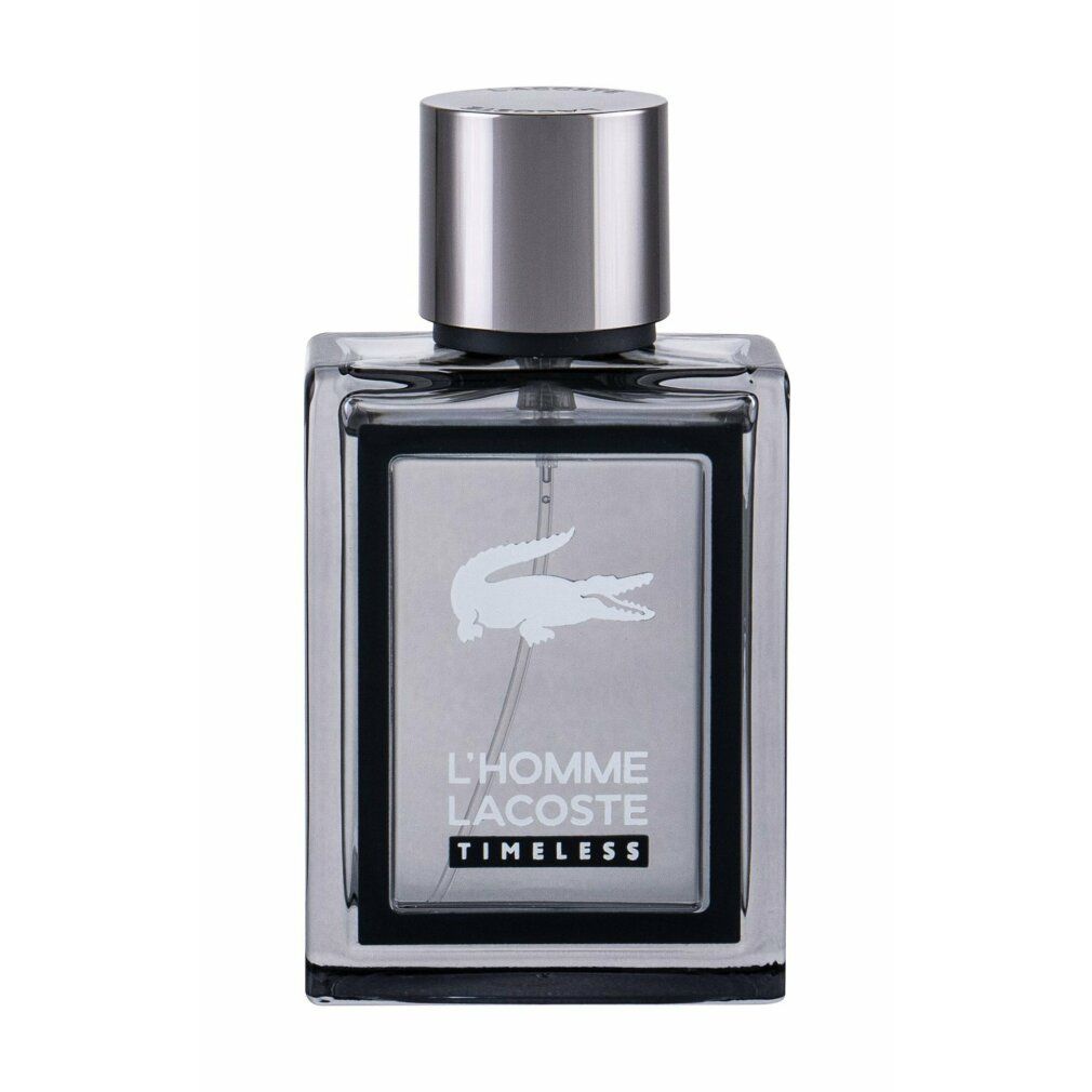 Flakon von L'Homme Lacoste. Silberfarbenes Design mit Krokodil-Logo. Text: L'Homme Lacoste Timeless.