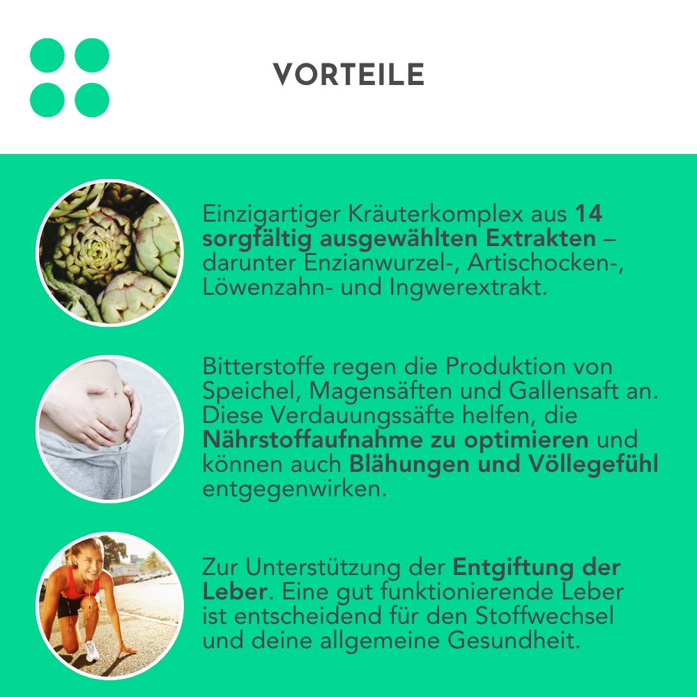 Grüner Hintergrund mit Text: Vorteile. Bilder von Artischocken, Bauch, Frau beim Sport. Text über Kräuterextrakte, Verdauung, Leberentgiftung.