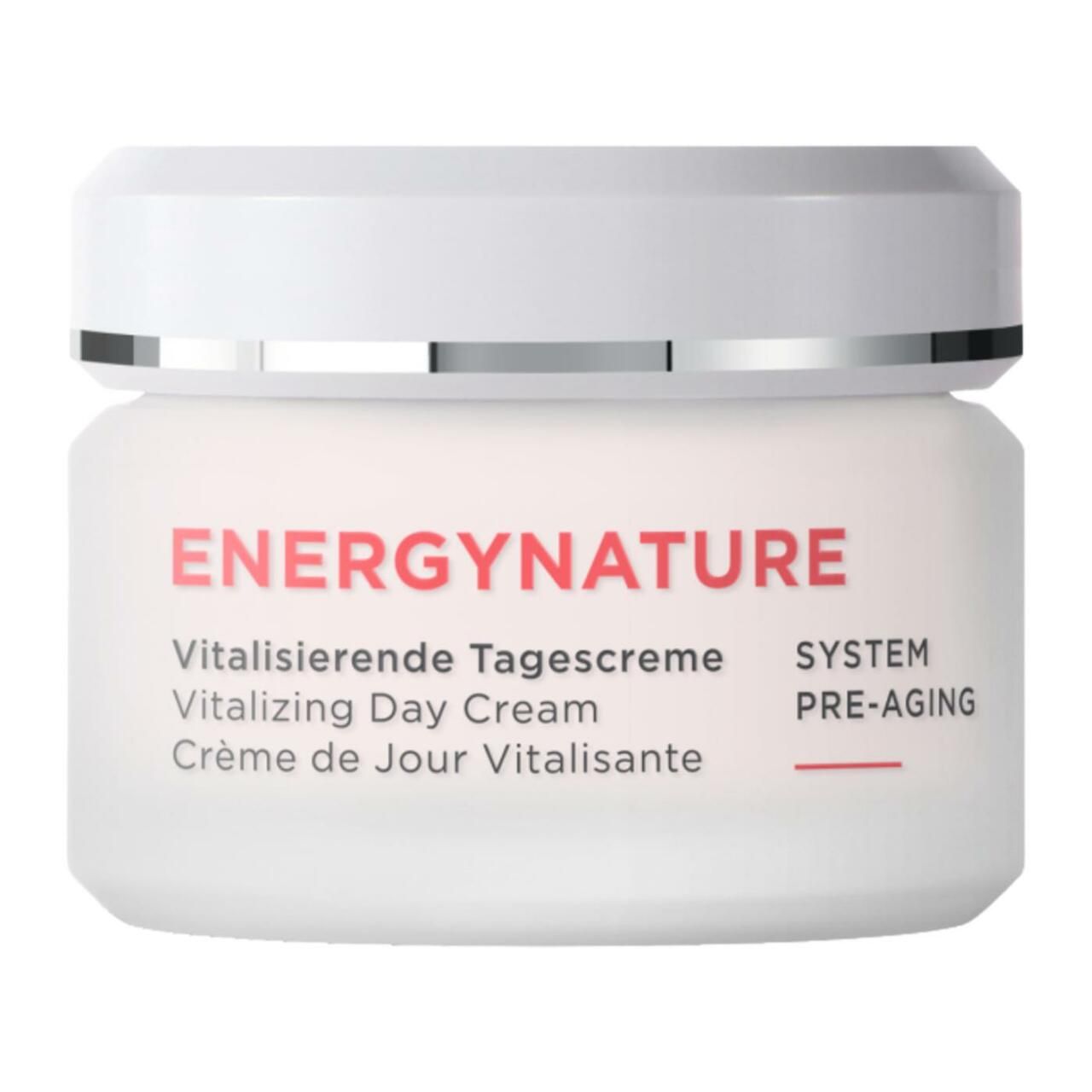 Creme-Tiegel mit weißem Deckel. Aufschrift ENERGYNATURE, Vitalisierende Tagescreme. SYSTEM PRE-AGING.