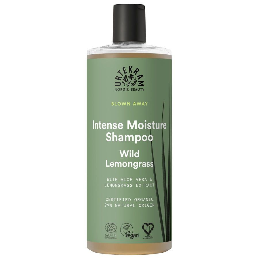Grüne Shampoo-Flasche mit schwarzem Deckel. Aufschrift: Intense Moisture Shampoo Wild Lemongrass. Zertifizierungen: Vegan, Organic.