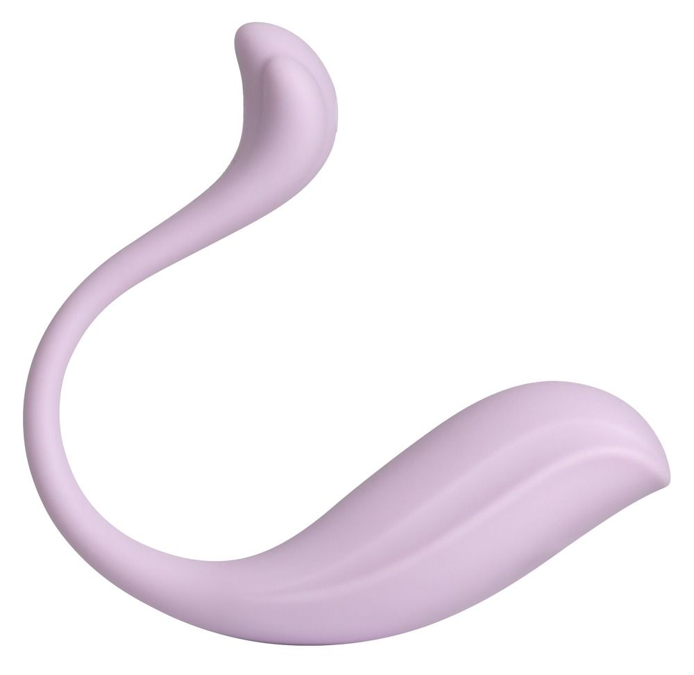 Lila Vibrator mit geschwungener Form. Glatte Oberfläche, ergonomisches Design. Ein Ende mit geschwungener Spitze.