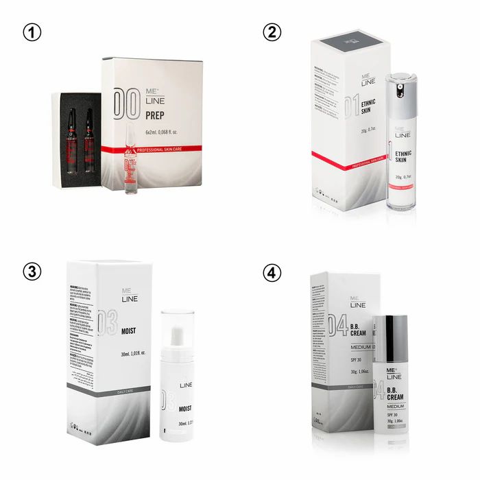 Verpackung mit Ampullen und Serum. Aufschrift: ME LINE PREP. Eine weitere Verpackung mit Serum. Aufschrift: ME LINE.