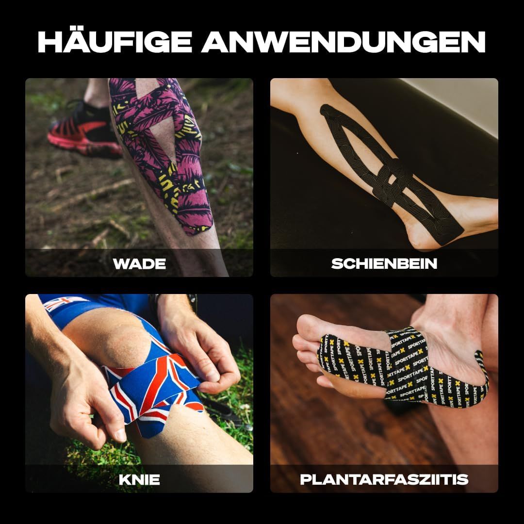 Vier Anwendungen von Kinesiologie-Tape: Wade, Schienbein, Knie, Fuß.