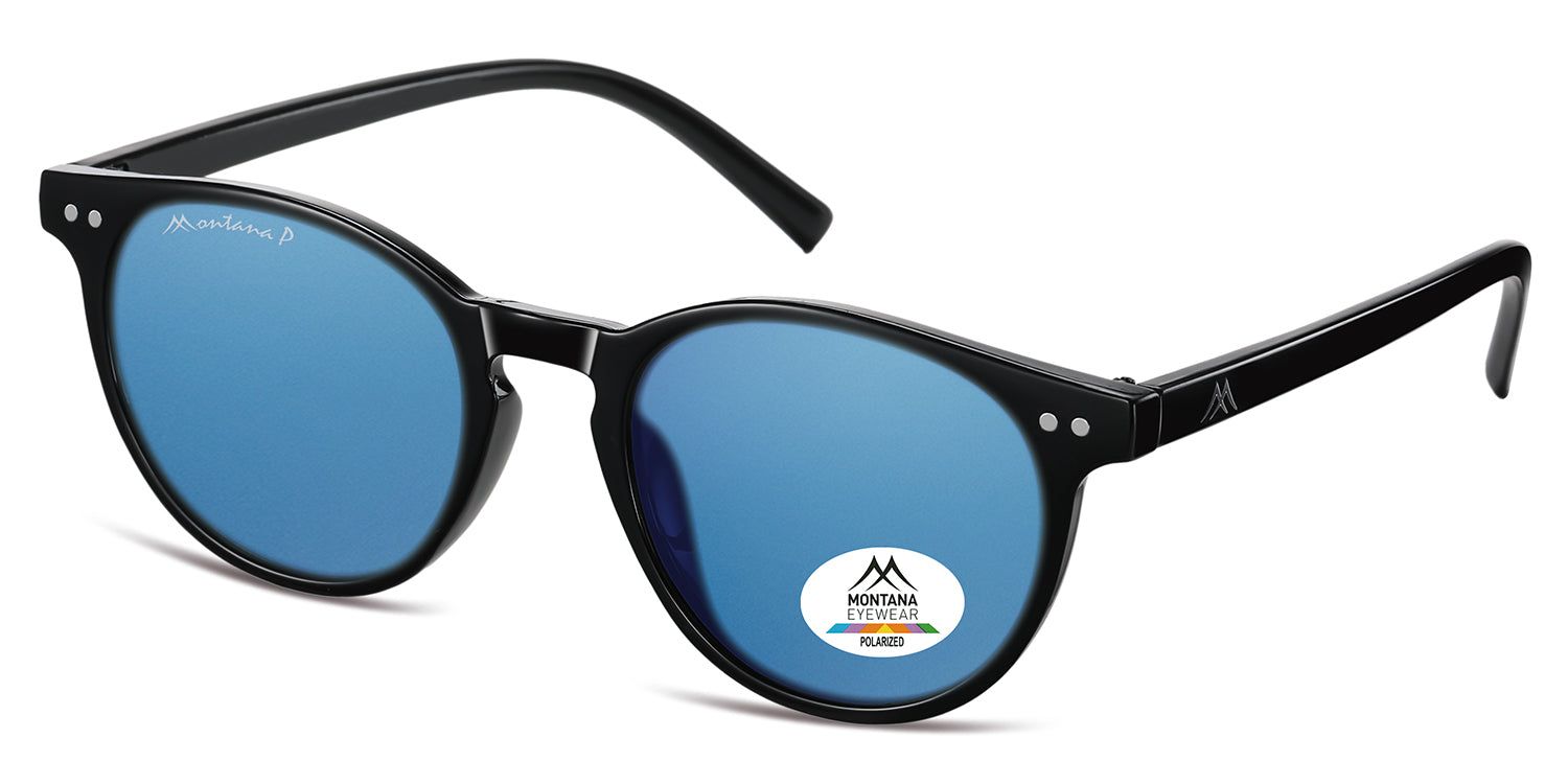 Schwarze Sonnenbrille mit blauen Gläsern. Montana Eyewear Logo auf dem Glas. Runde Form. Polarisierte Gläser.