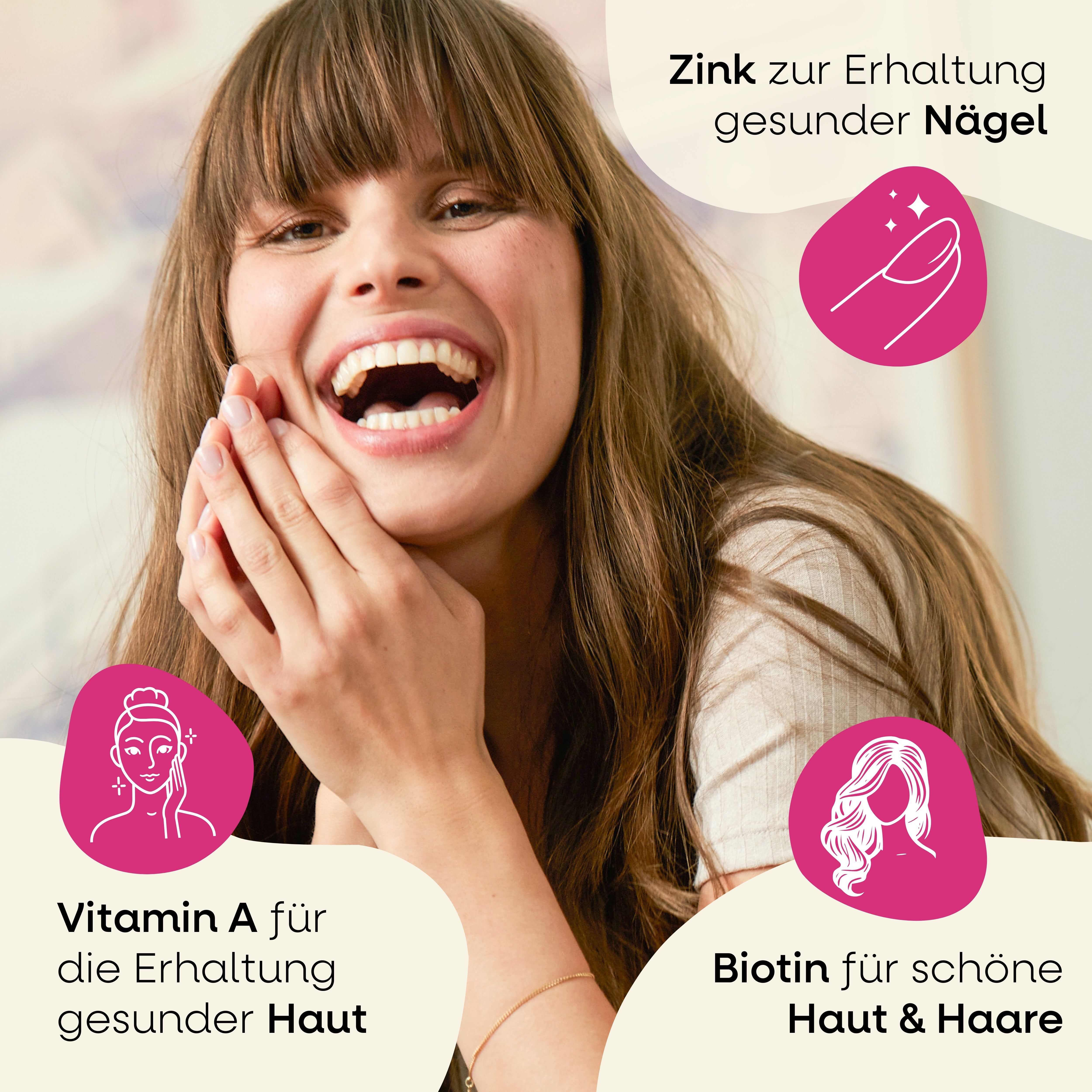 Hair Skin Nails Gummies I 4in1 mit 2500 µg Biotin, Zink, Kollagen, Silizium I Erdbeer-Geschmack I...