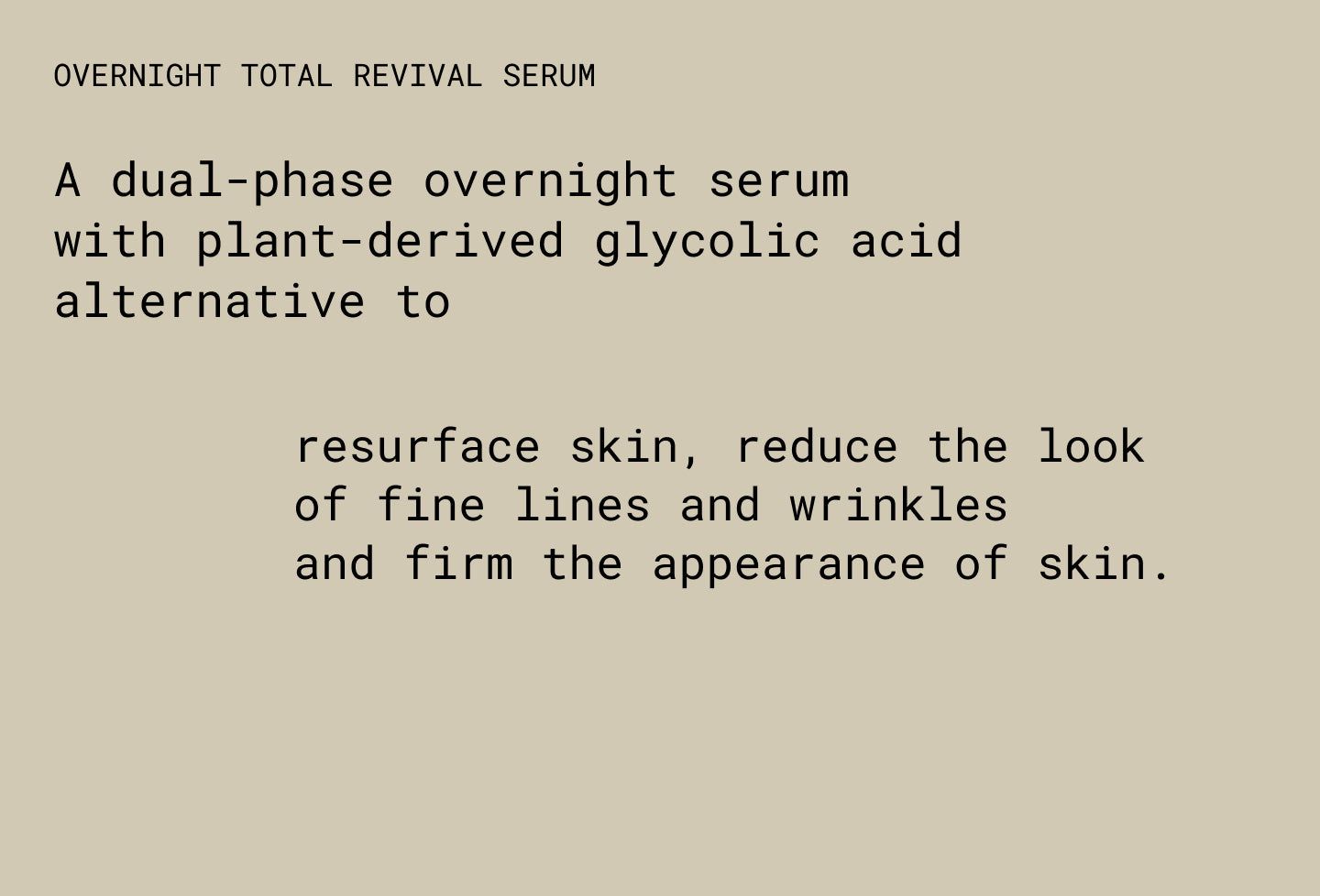Text auf beigem Hintergrund. Beschreibt ein Serum mit Inhaltsstoffen und Wirkung.