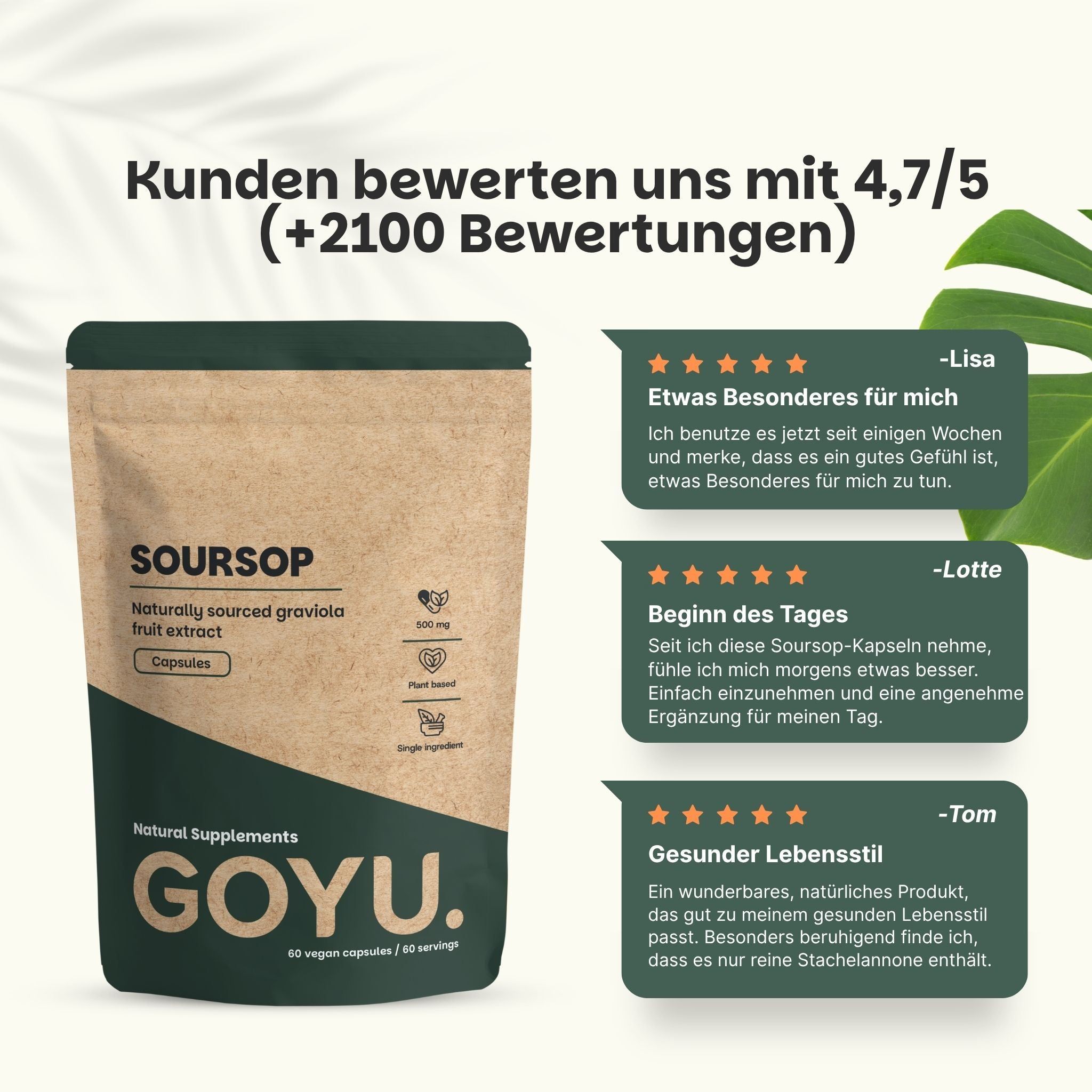 100% natürliche Soursop-Kapseln: 500 mg, vegan, für 1 Monat, passt durch den Briefkasten.