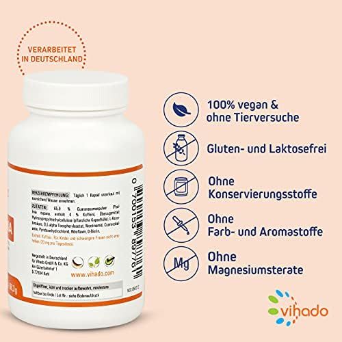 Weiße Flasche mit Vihado Guarana Kapseln. Aufschrift: 100% vegan, gluten- und laktosefrei, ohne Konservierungs-, Farb- und Aromastoffe, ohne Magnesiumstearat.