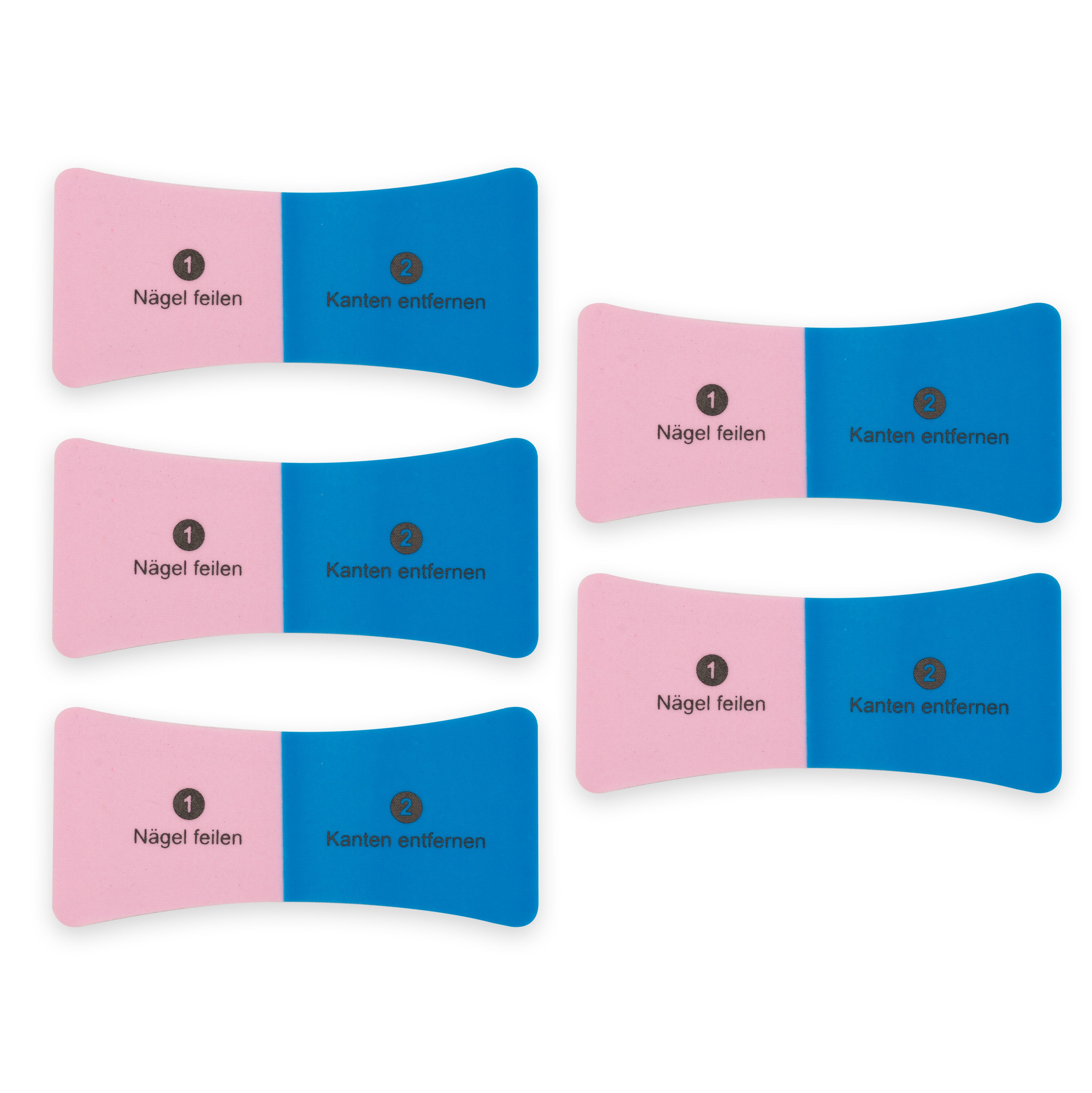 Fünf Nagelpfeilen, je zweifarbig Rosa/Blau mit Beschriftung 'Nagel feilen' und 'Kanten entfernen'.