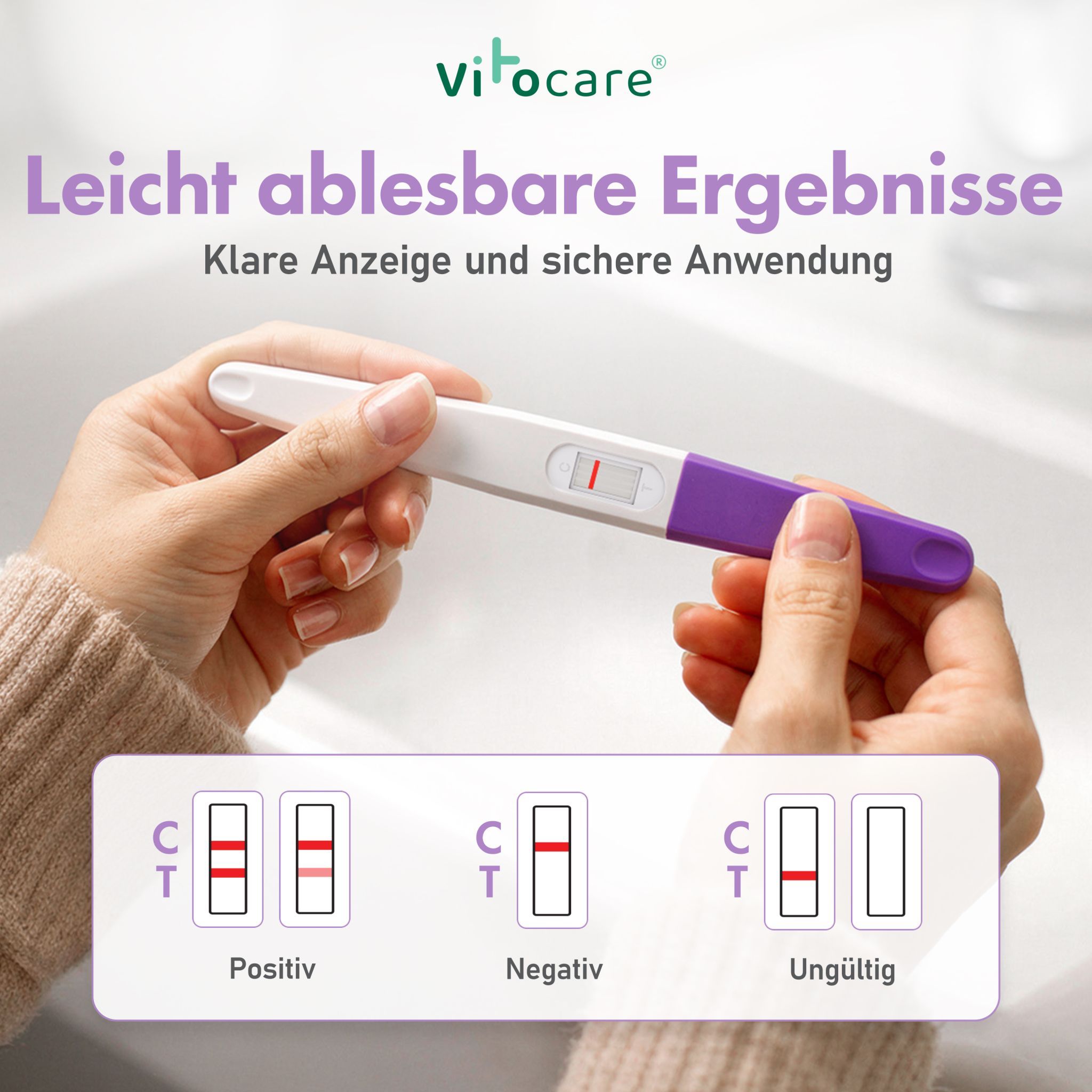 Person hält einen Schwangerschaftstest. Ergebnisse: positiv, negativ, ungültig. Rote Linien zeigen Ergebnisse an.