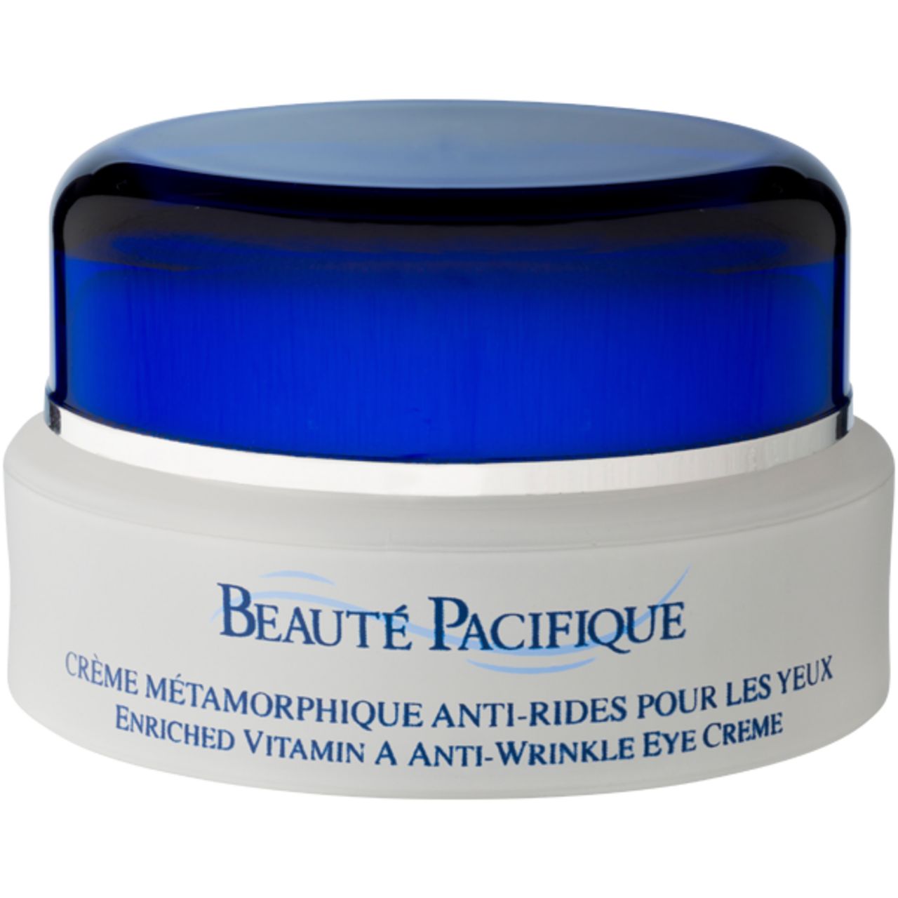 Creme-Glas mit blauem Deckel. Aufschrift: Beauté Pacifique, Crème Métamorphique Anti-Rides Pour Les Yeux, Enriched Vitamin A Anti-Wrinkle Eye Creme.