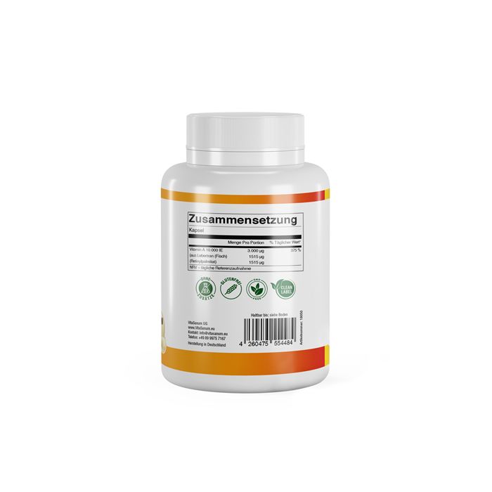 Witte fles met etiket. Opschrift: Samenstelling. Bevat vitamine A. Met kwaliteitszegels.
