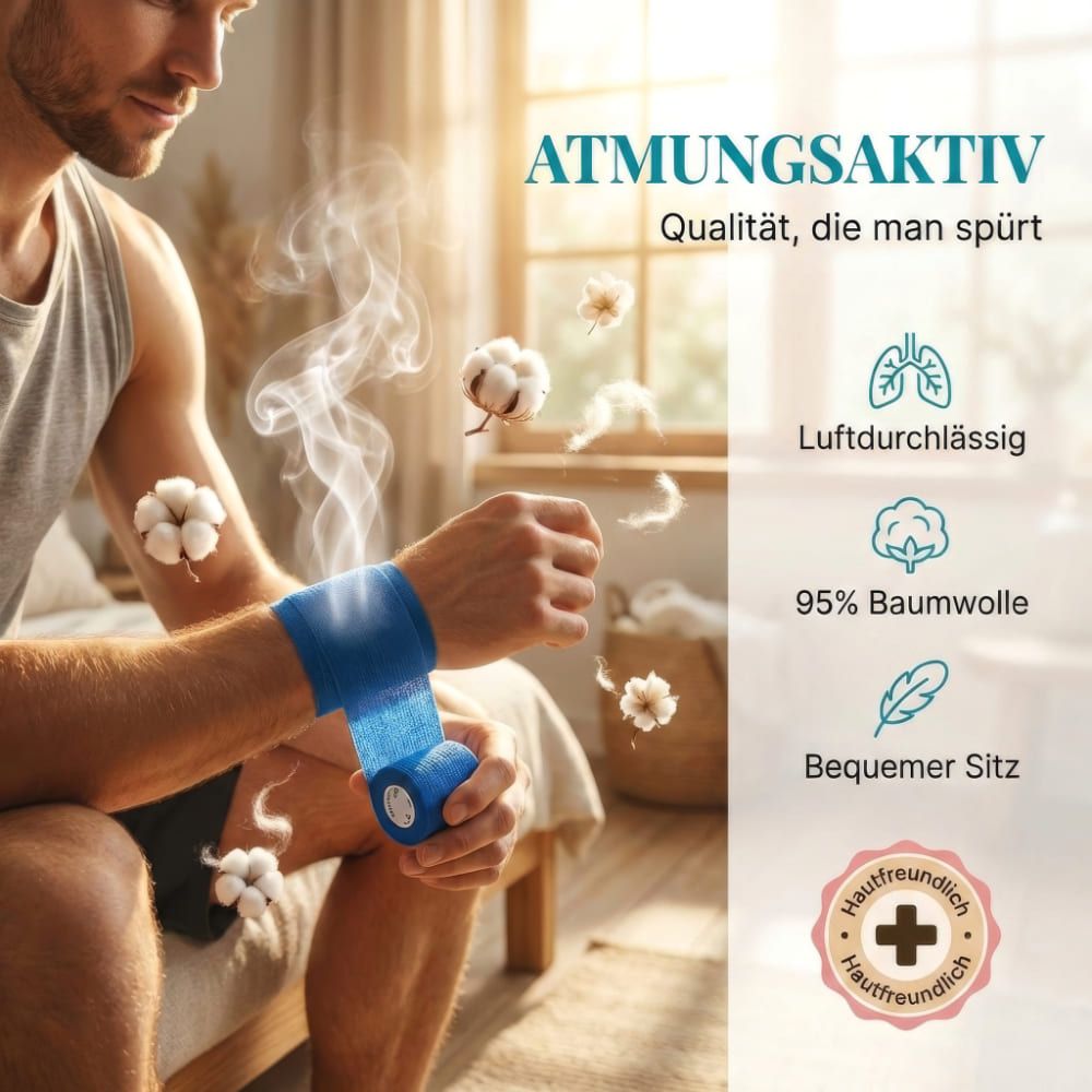 Mann mit blauem Verband am Handgelenk. Text: Atmungsaktiv, 95% Baumwolle, bequemer Sitz, hautfreundlich. Symbole: Lunge, Baumwolle, Feder.