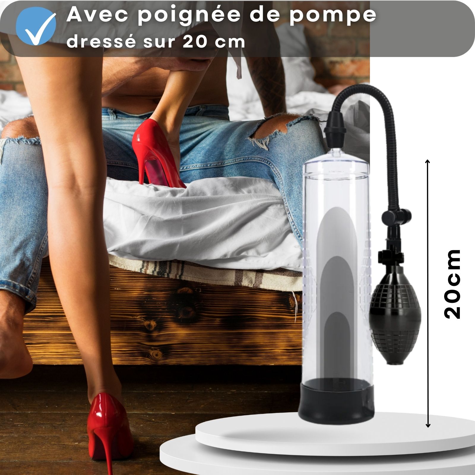 Pompe à pénis avec poire. Femme avec chaussures rouges.