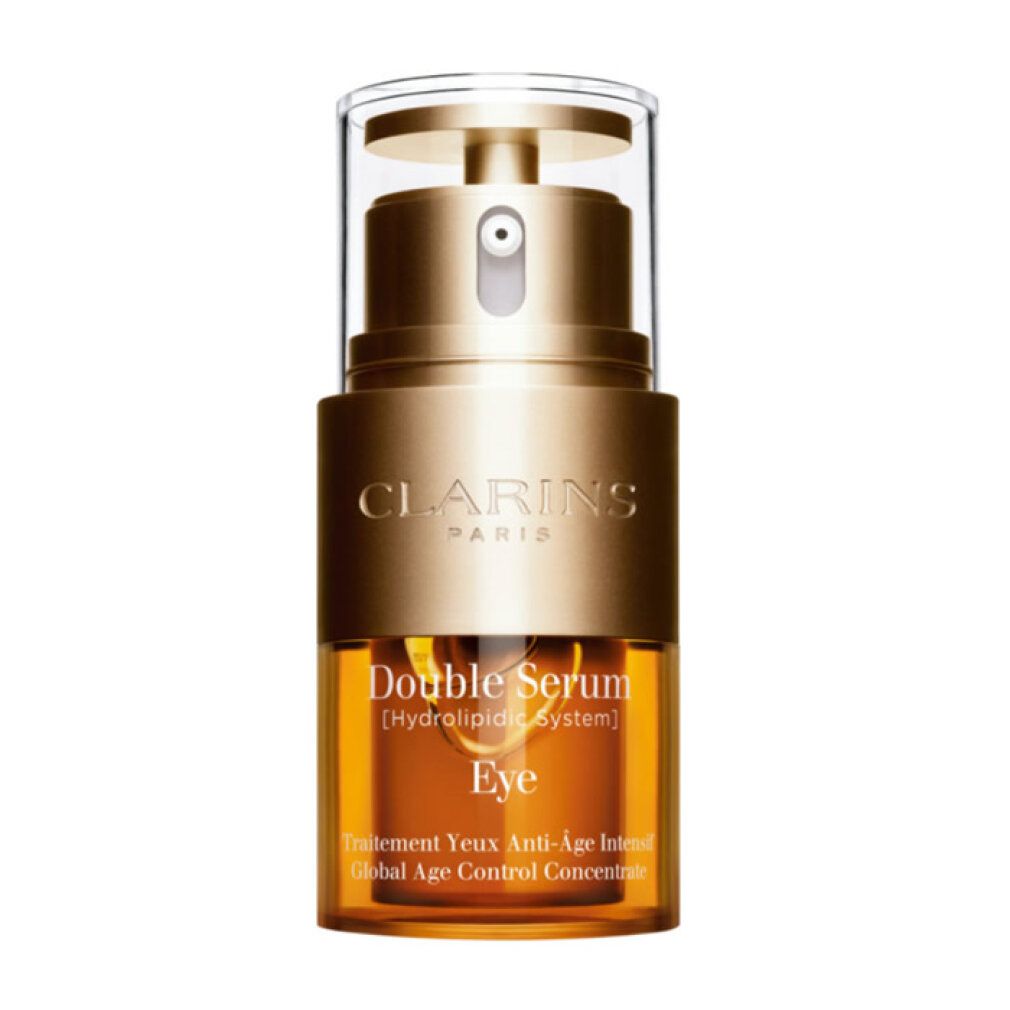 Doppeltes Serum für die Augen. Goldfarbener Behälter mit transparentem Deckel. Aufschrift: CLARINS PARIS, Double Serum Eye.