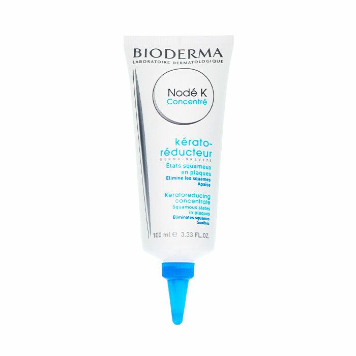 BIODERMA Node K Concentré. Weißer Tube mit blauer Spitze. Text: Node K Concentré, kérato-réducteur, 100 ml.