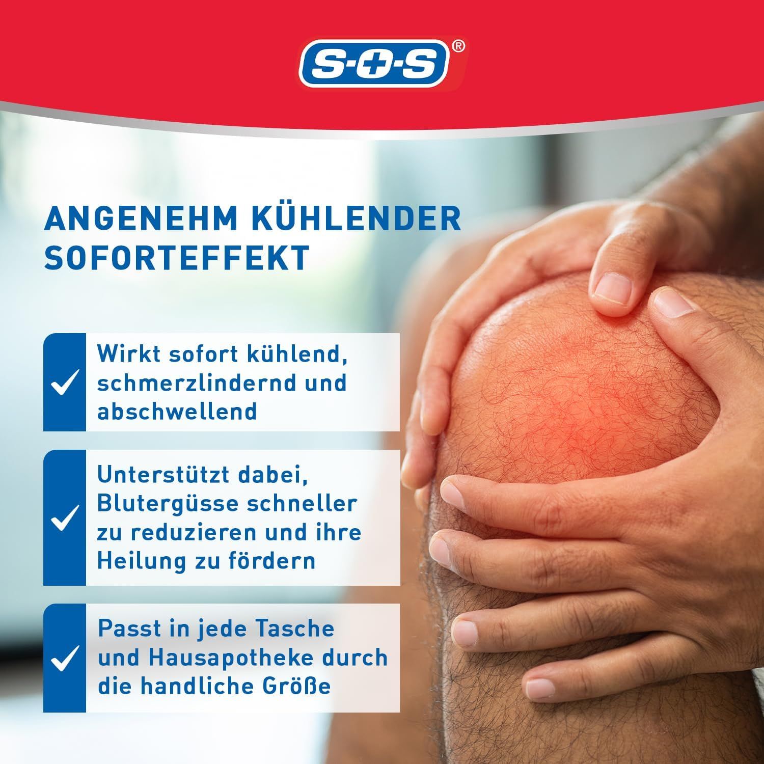 Nahaufnahme eines Knies. Text: Angenehm kühlender Soforteffekt. Wirkt sofort kühlend, schmerzlindernd und abschwellend. Unterstützt die Reduzierung von Blutergüssen.