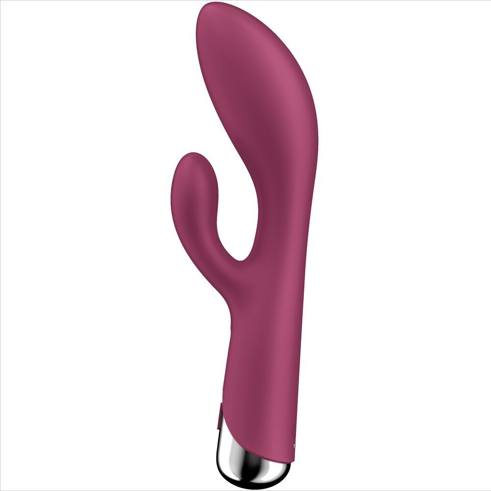 Burgunderfarbener Vibrator mit gebogenem Schaft und silberfarbener Basis.