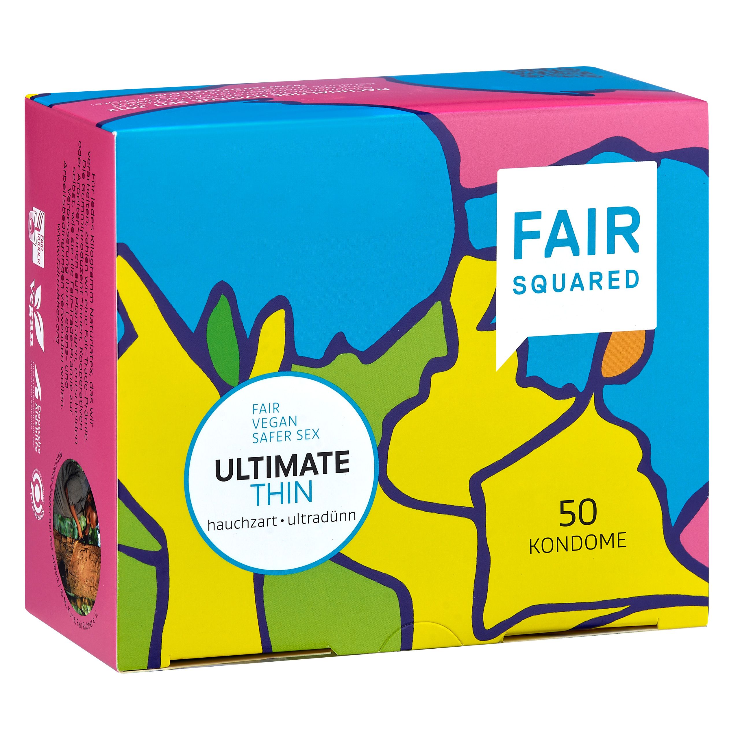Verpackung von Fair Squared Ultimate Thin Kondomen. Aufschrift: Fair Vegan Safer Sex, 50 Kondome. Farben: Pink, Blau, Gelb.