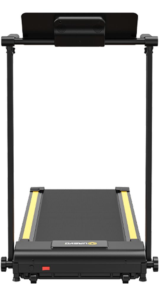 Schwarzes Laufband mit gelben Akzenten. Oberhalb der Lauffläche befindet sich ein Haltegriff mit Bedienelementen. UREVO-Logo sichtbar.