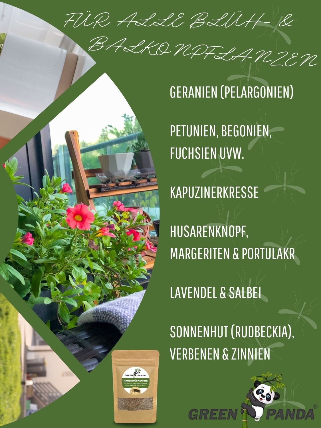 Grüner Flyer mit Pflanzen und Produkt. Text: Für alle Blüh- & Balkonpflanzen. GreenPanda Trauermückenfrei im Beutel.