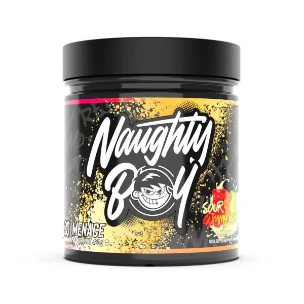 Schwarzes Produktglas mit gelbem Etikett. Aufschrift: Naughty Boy, 30 Menace, Sour Gummy. Logo mit Comicfigur.