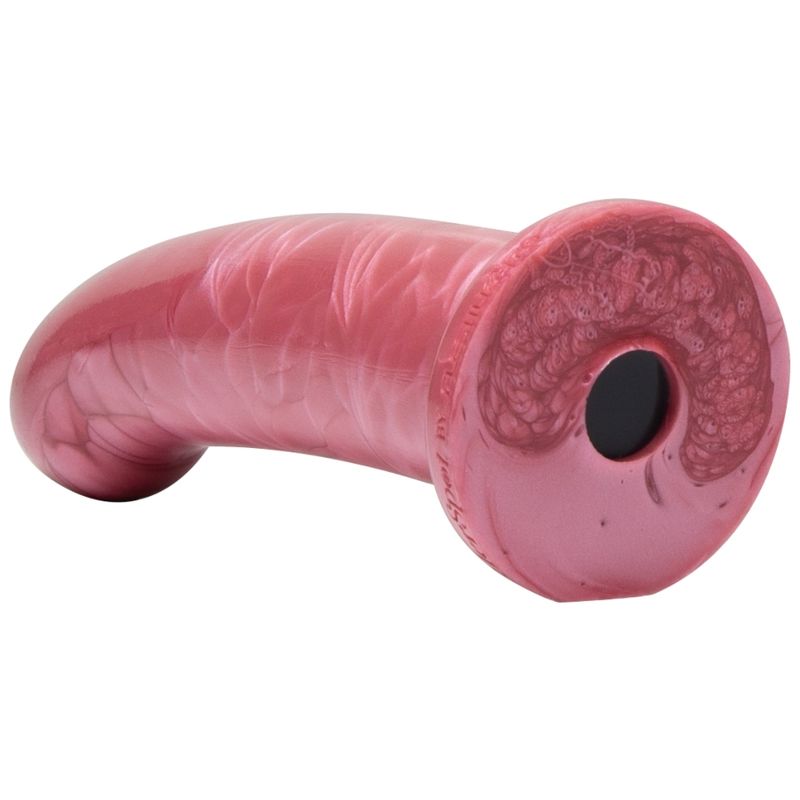 Rosa gebogener Dildo, Unterseite mit Loch. Basis mit Schriftzug.