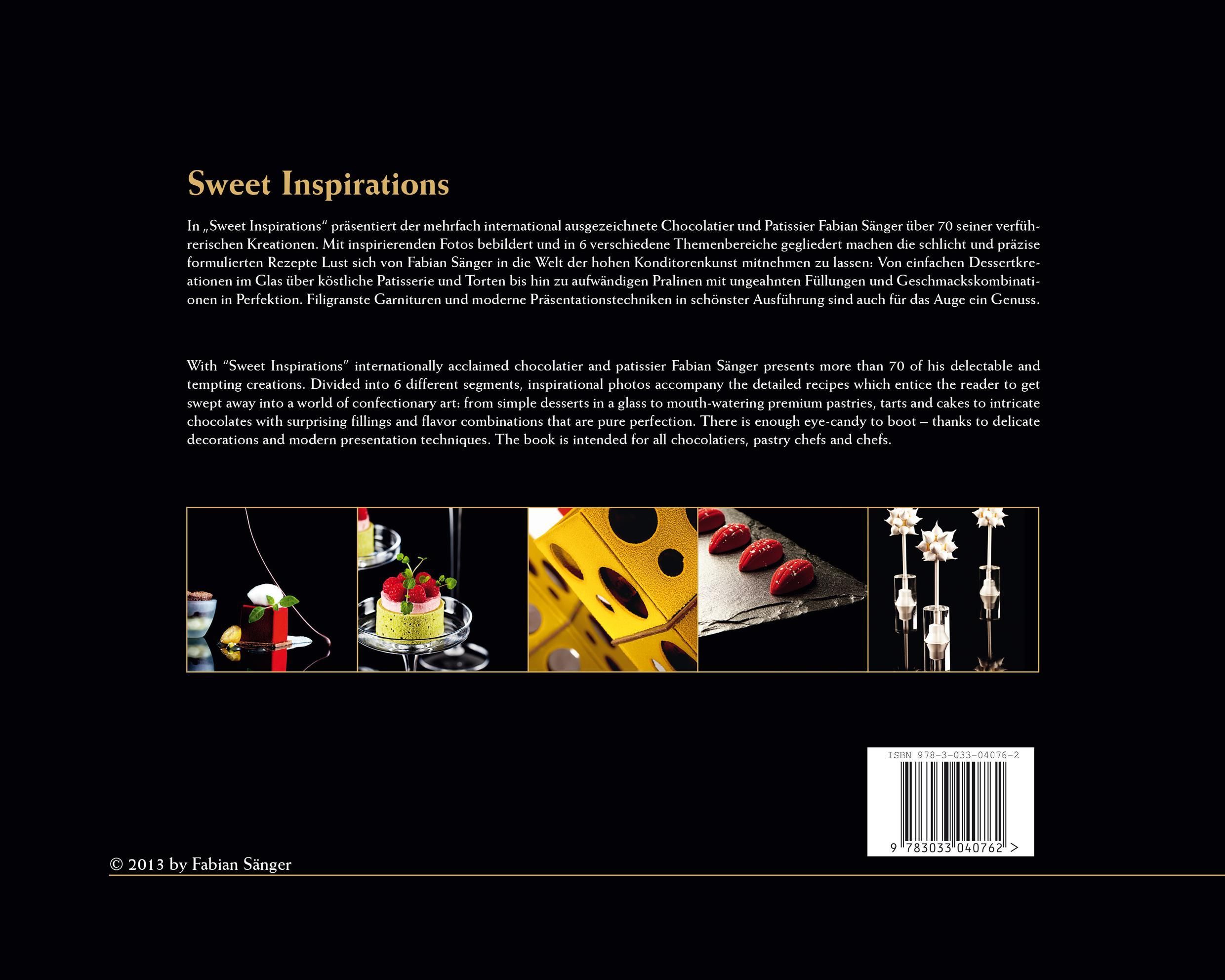 Buchcover: Sweet Inspirations. Text und Fotos von Fabian Sänger. Schwarzer Hintergrund.