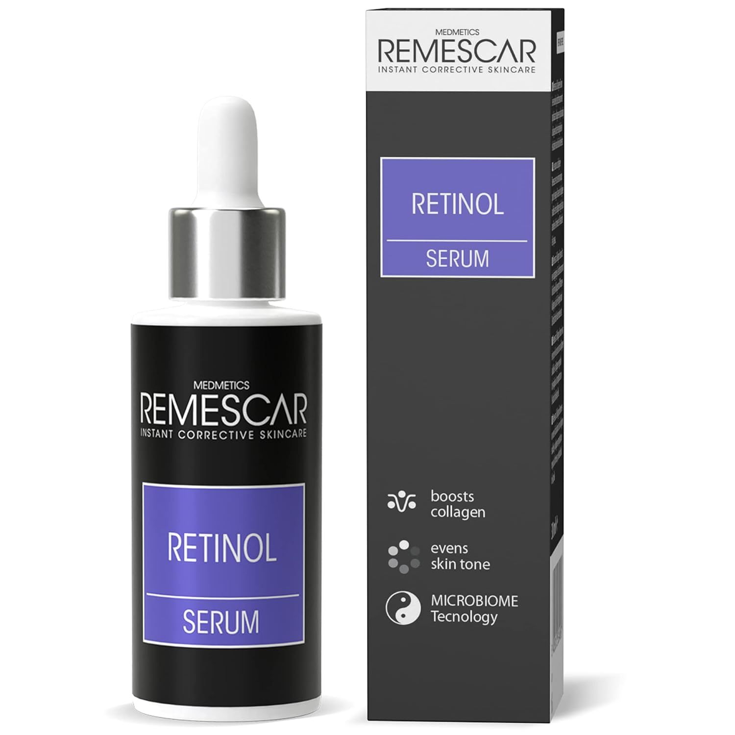Flacone nero con pipetta argentata. Etichetta viola "Retinol Serum". Scatola con informazioni e logo del prodotto.